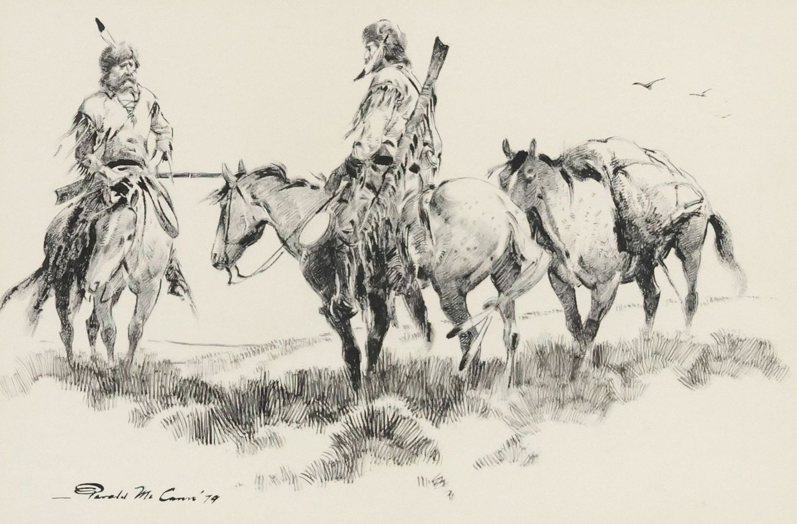 GERALD McCANN (D.1995) WESTERN INK DRAWING, MOUNTAIN MEN: Framed ink on paper drawing, Mountain Men, signed lower left Gerald McCann (Gerald Patrick McCann, New York 1916-1995), dated [19]79, sight: approx 12.25"h, 18.75"w, overall: approx 27.5"h, 33.5"w,