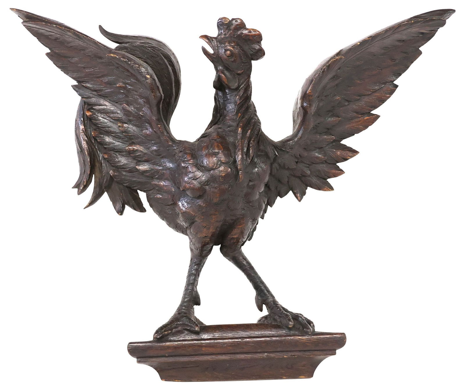 ENGLISH CARVED OAK ROOSTER / COCKEREL WALL-MOUNTED PLAQUE: English carved oak architectural wall-mounted plaque, early 19th c., modeled as a rooster/ cockerel with wings outstretched, perched atop a stepped bracket, approx 16.5"h, 18.75"w, 4"d, 4.5lbs