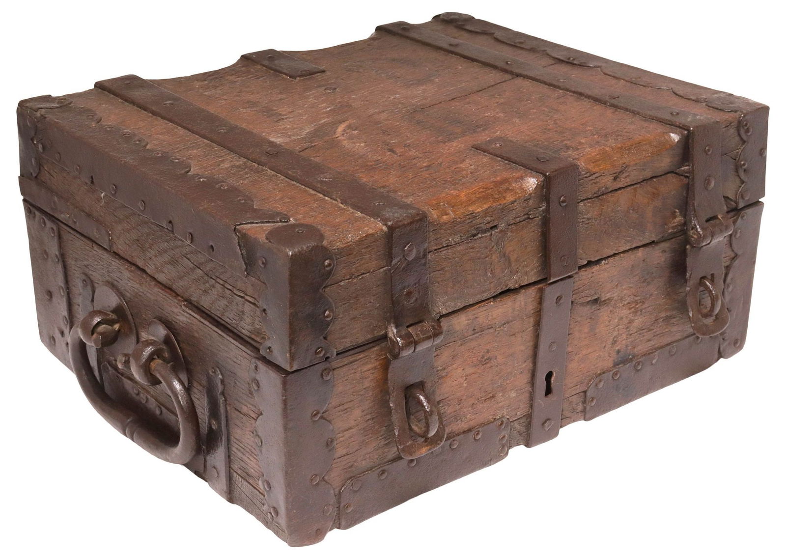 RUSTIC ENGLISH OAK & IRON STRAPWORK STRONG BOX CHEST, 17TH / 18TH C. (1 of 5)