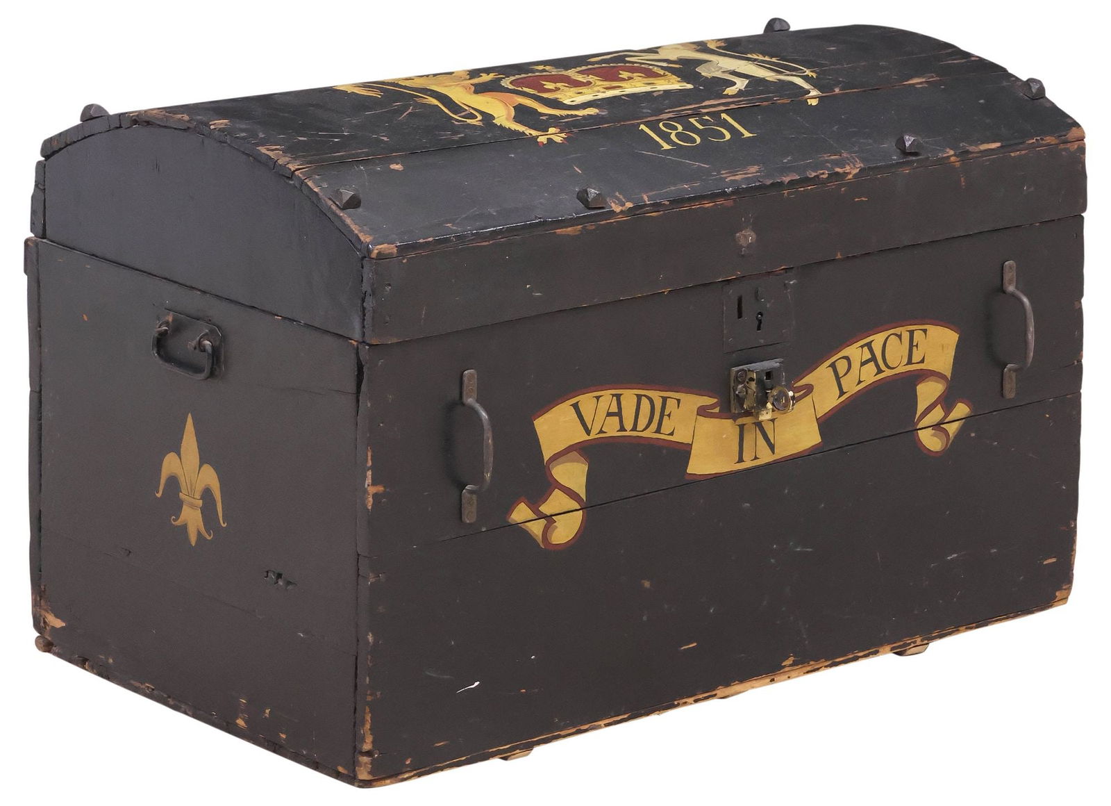 ENGLISH PAINTED ROYAL COAT OF ARMS DOMED STORAGE CHEST: English wood storage chest, 19th c., in an aged, later black-painted finish, domed lid on hinges with painted British Royal coat of arms including crowned lion of England and chained unicorn of