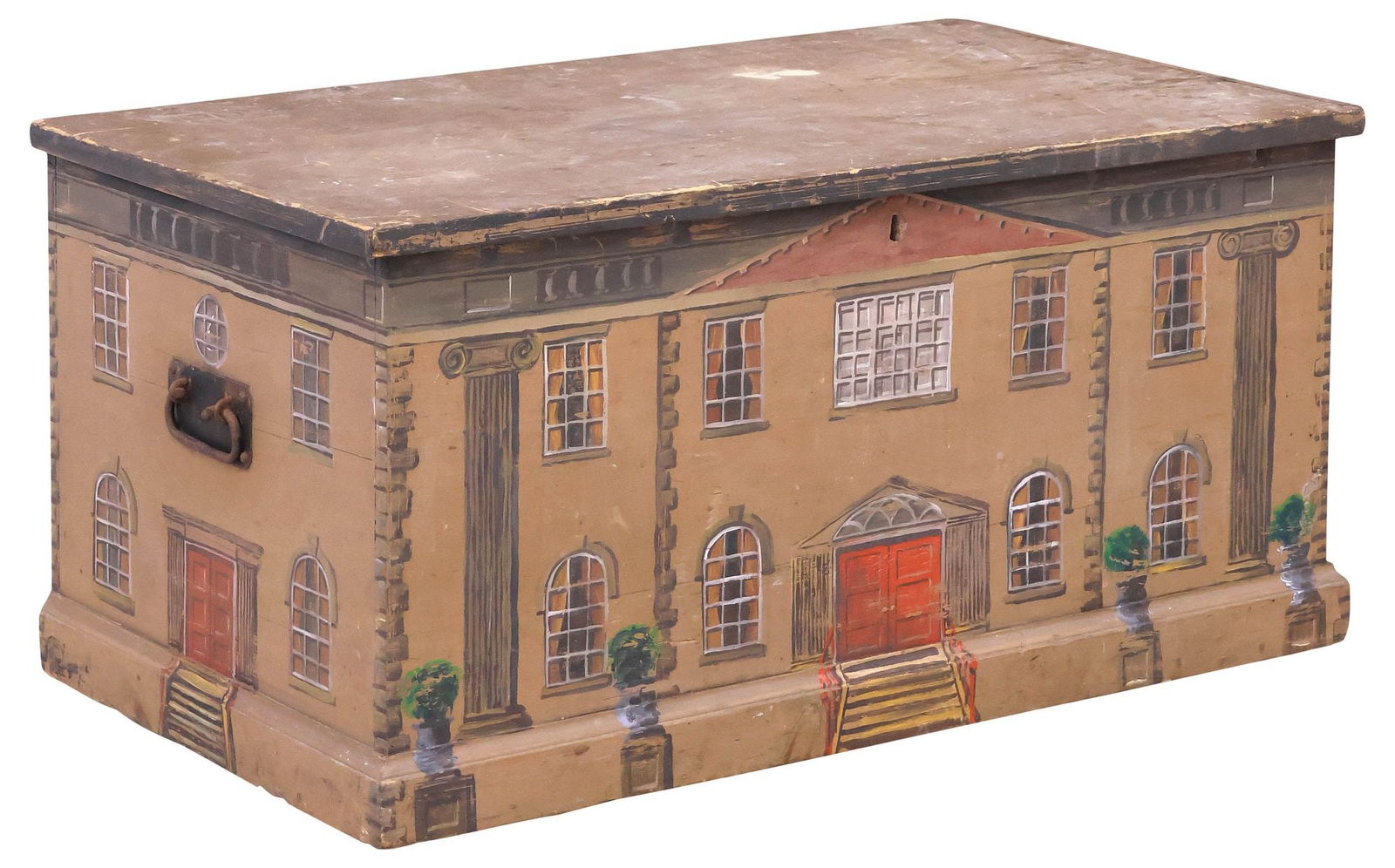 ENGLISH PAINT-DECORATED HOUSE FACADE STORAGE CHEST: English paint-decorated blanket chest/ storage trunk, 19th c., the exterior later painted as a Georgian style house facade, hinged lid revealing open interior equipped with side till, dual iron handle