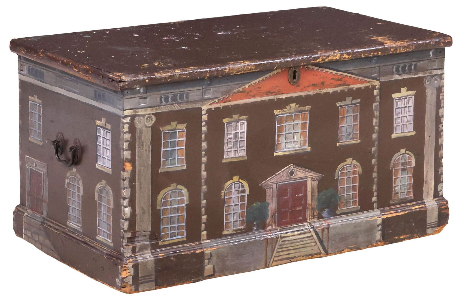 ENGLISH PAINT-DECORATED HOUSE FACADE STORAGE CHEST: English paint-decorated storage chest, 19th c., the exterior later painted as a Georgian country house facade, dual iron handles at sides, hinged top revealing open storage interior, approx 17"h, 32.2