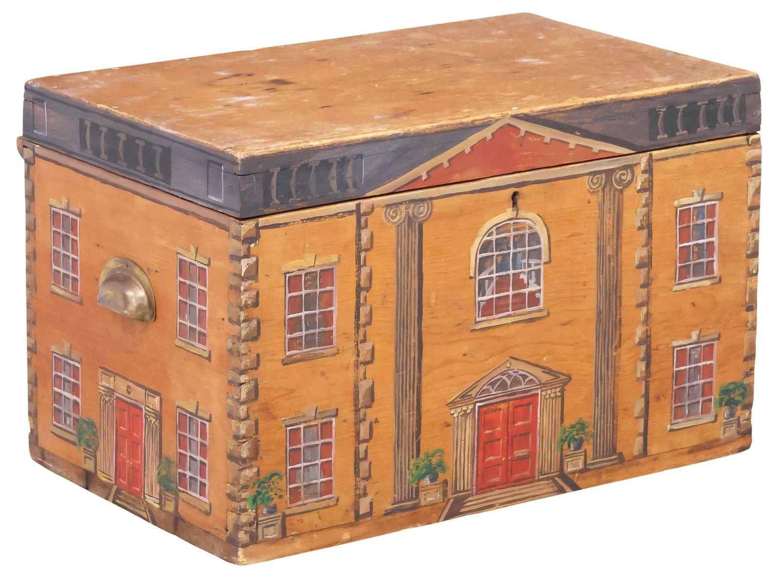 ENGLISH PAINT-DECORATED HOUSE FACADE PINE WORK BOX: English paint-decorated pine work box, 19th c., the exterior later painted as a Georgian style house facade, having hinged lid, revealing open interior storage, sides equipped with gilt-metal handles,