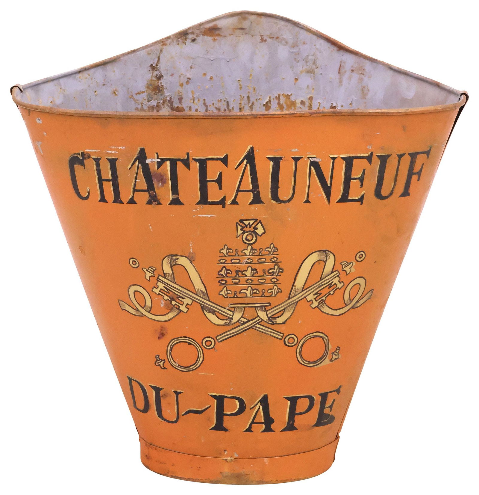 FRENCH VINEYARD PAINTED METAL GRAPE PICKER'S HOTTE / HOD: French paint decorated galvanized metal grape picker's hotte/ hod, 20th c., later stenciled Chateauneuf Du Pape logo with Saint Peter's keys and papal tiara, retaining worn leather back straps, approx