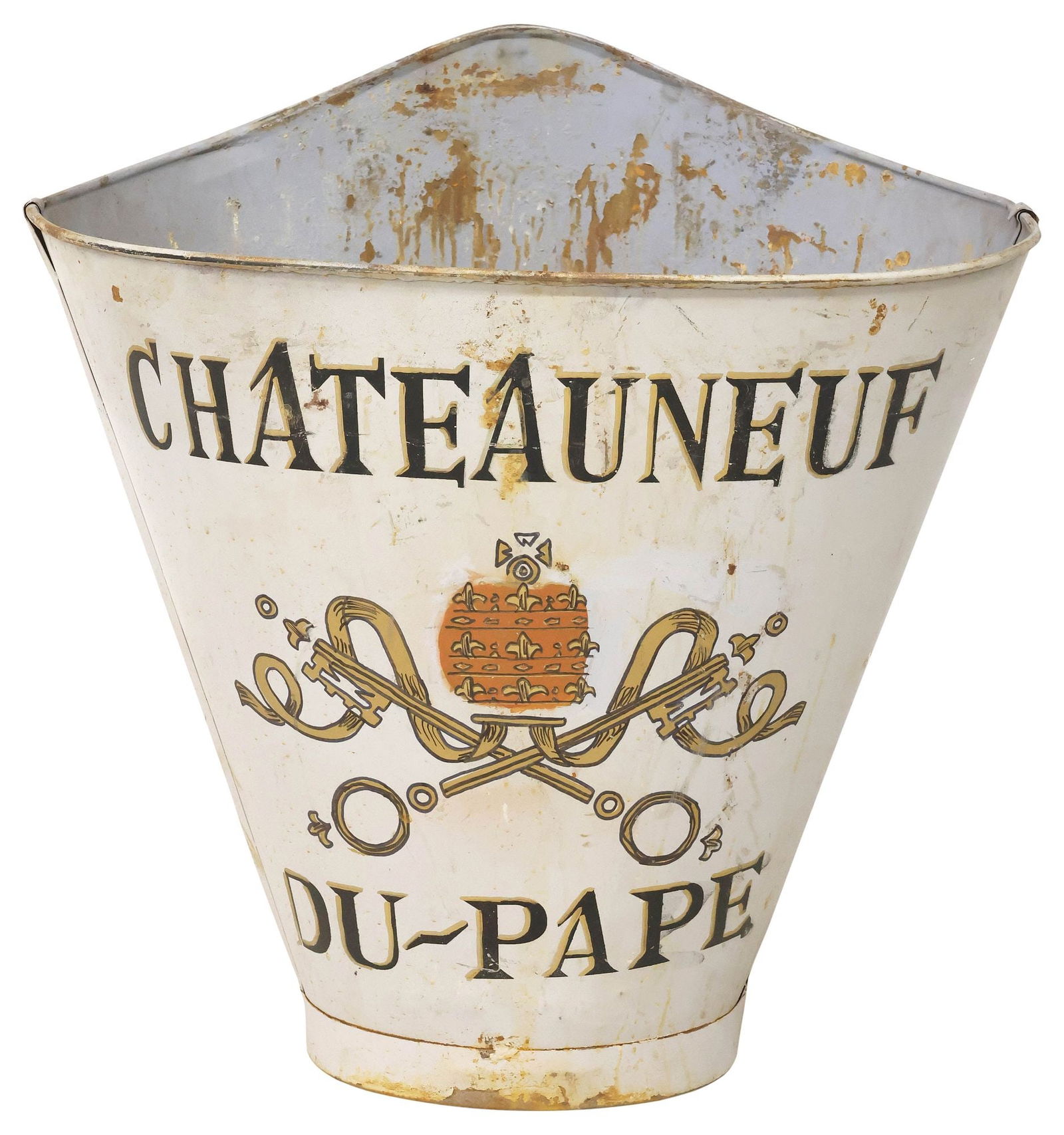 FRENCH VINEYARD PAINTED METAL GRAPE PICKER'S HOTTE / HOD: French paint decorated galvanized metal grape picker's hotte/ hod, 20th c., later stenciled Chateauneuf Du Pape logo with Saint Peter's keys and papal tiara, retaining worn leather back straps, approx