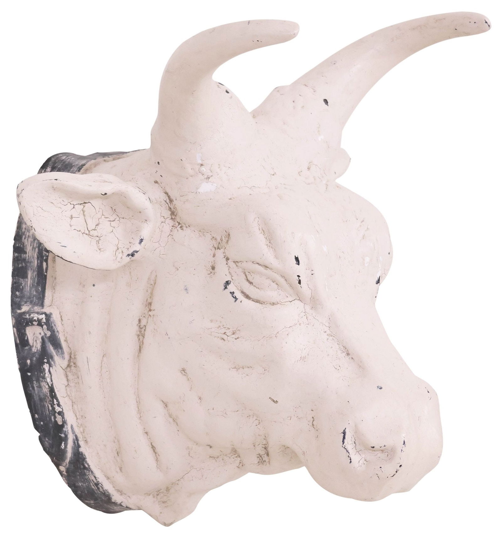 LARGE BUTCHER'S SHOP PAINTED METAL STEER / BULL HEAD WALL MOUNT: Large butcher's shop cast metal wall-mounted steer head, 20th c., in a white and black-painted finish, approx 20"h, 22"w, 17"d, 26lbs