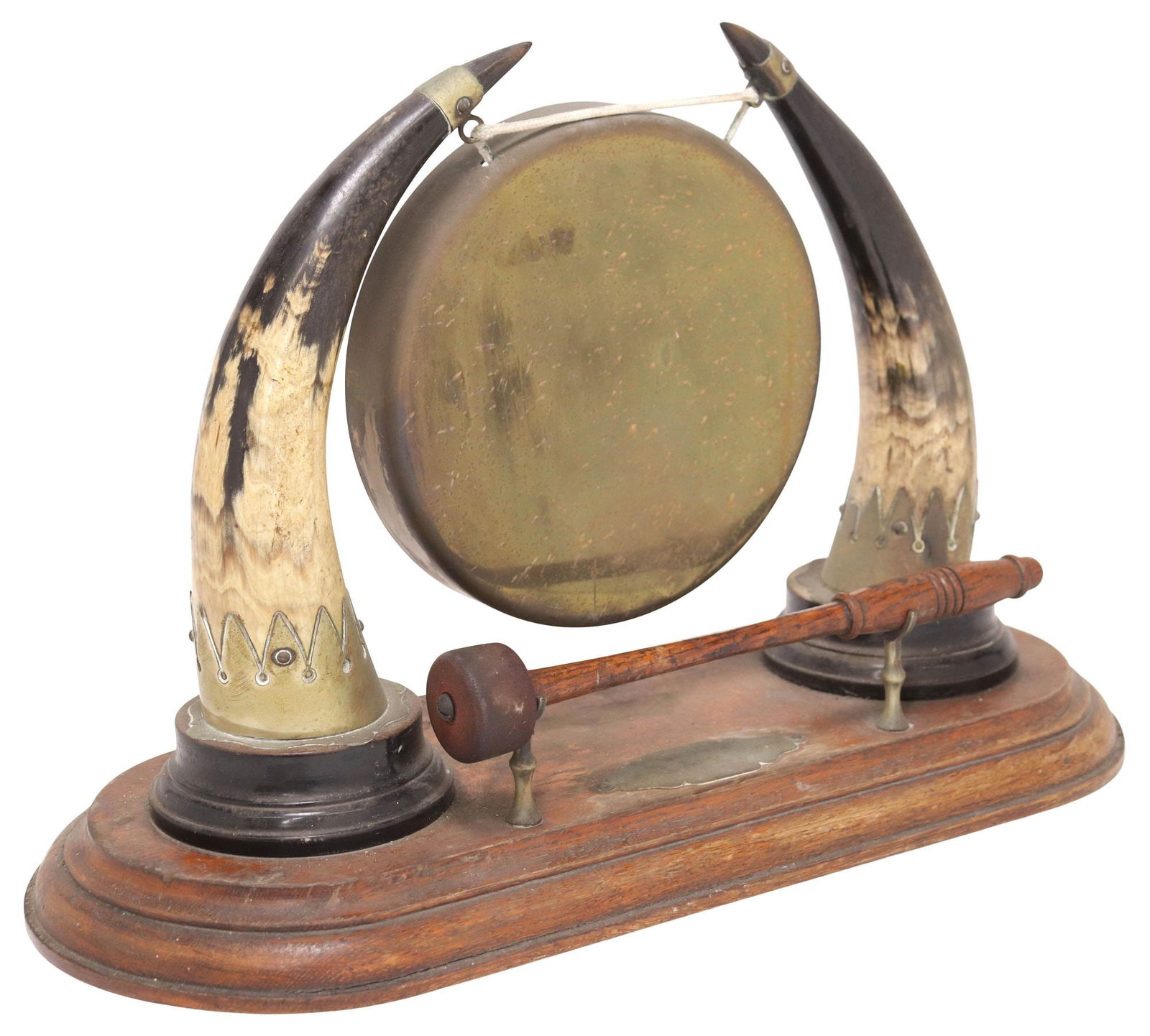 ENGLISH EDWARDIAN OAK & HORN DINNER TABLE GONG (1 of 4)