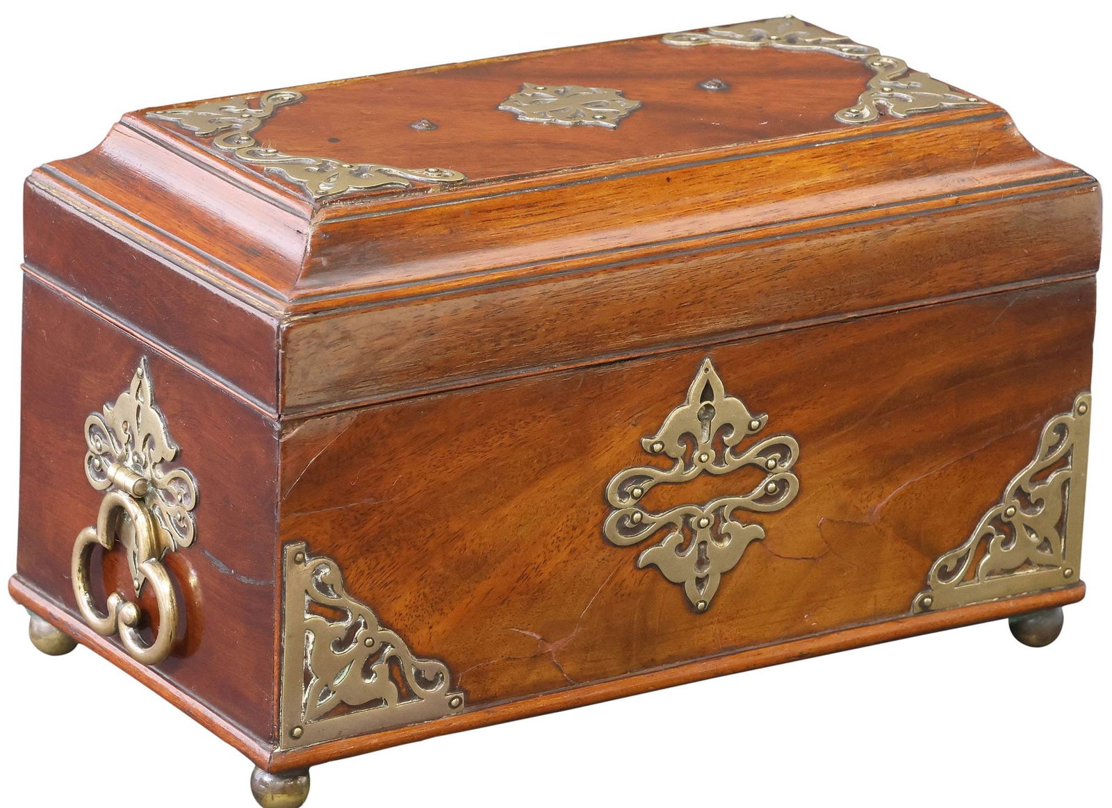 FINE ENGLISH REGENCY BRASS-MOUNTED MAHOGANY SECTIONED TEA CADDY (1 of 5)