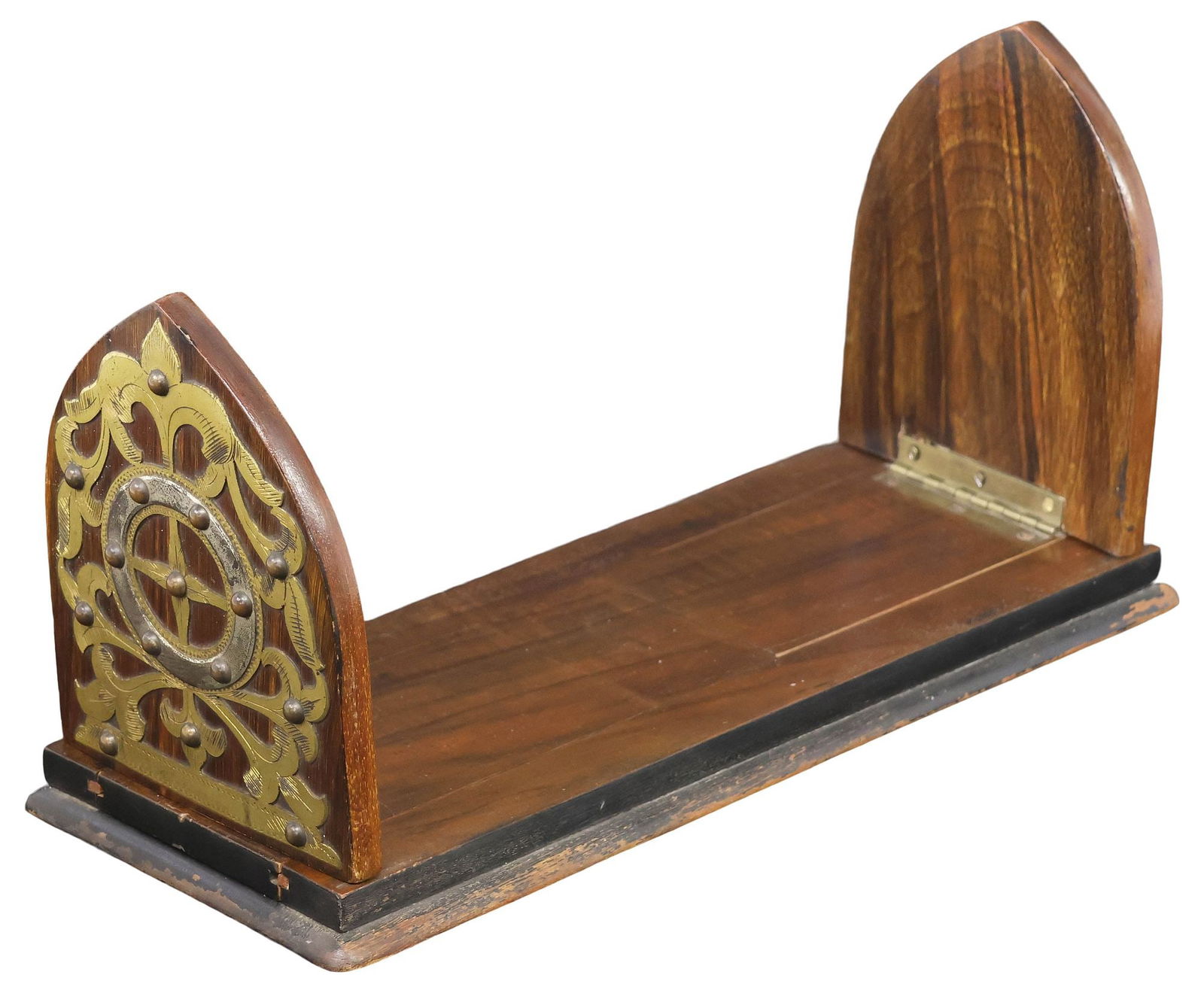 ENGLISH VICTORIAN BRASS-MOUNTED WALNUT BOOK SLIDE: English Victorian brass-mounted walnut extending book slide, late 19th c., having two hinged stands, incised brass mounts with scrolling foliate motifs, open: approx 6.5"h, 13"w, 5"d, closed: approx 1