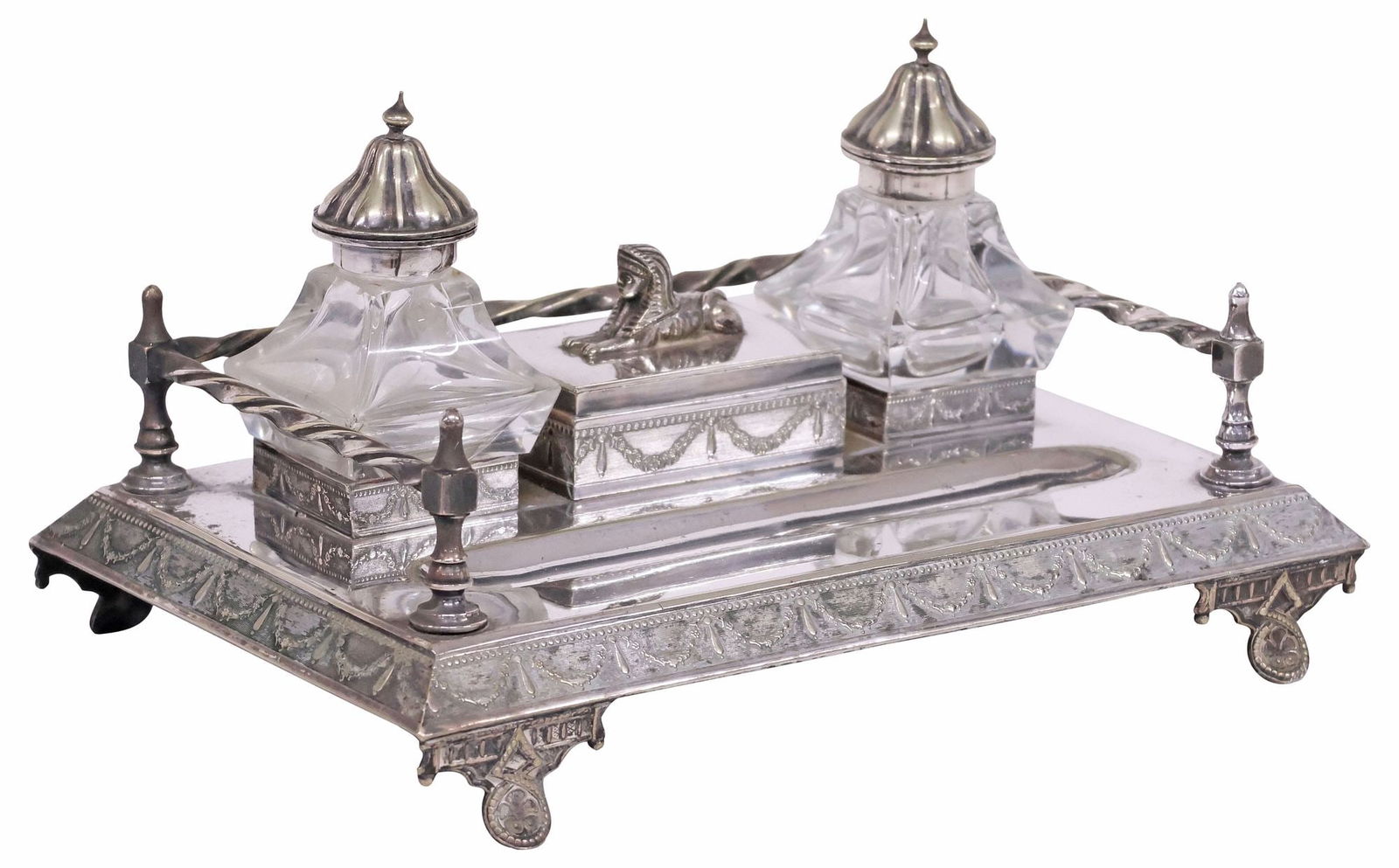 ENGLISH ROBERTS & BELK EGYPTIAN REVIVAL SILVERPLATE DOUBLE-INKWELL DESK STAND (1 of 9)
