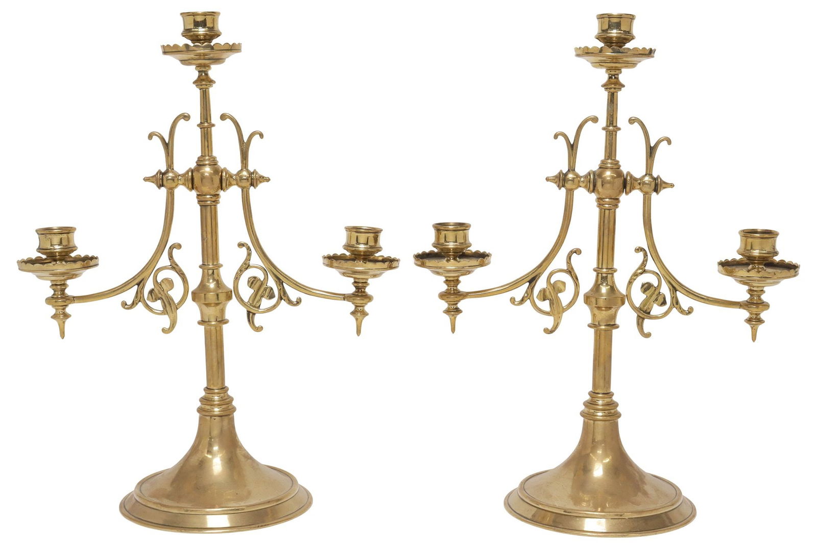 (2) ENGLISH EDWARDIAN BRASS 3-LIGHT CANDELABRA (1 of 4)