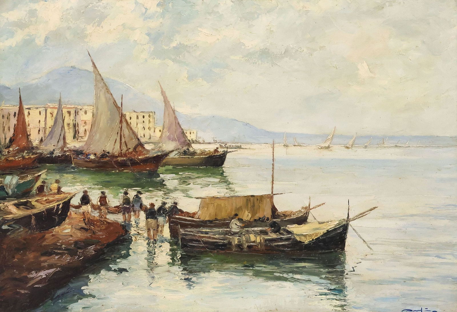 ITALIAN SCHOOL IMPRESSIONIST PAINTING, SAILBOATS AT THE HARBOR, 28" X 40" (1 of 4)