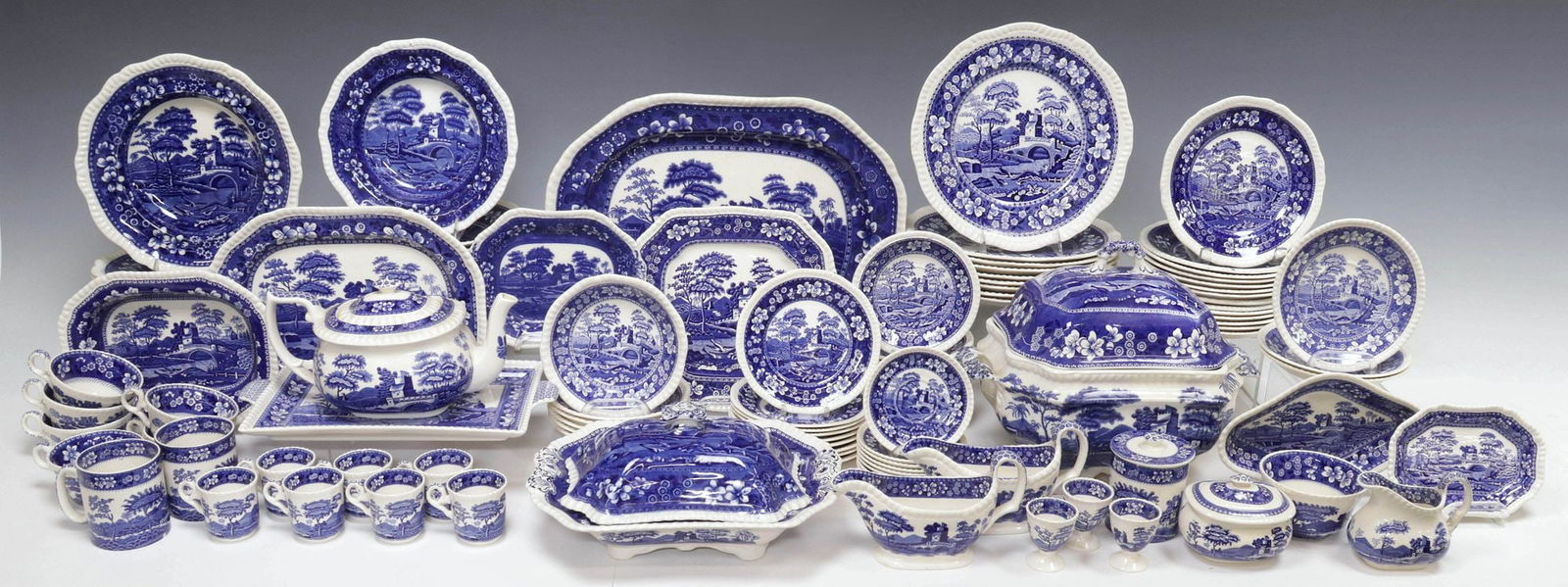 (109) EXTENSIVE SPODE 'BLUE TOWER' DINNER EARTHENWARE SERVICE: (lot of 109) English blue and white earthenware dinner service, Spode, in the "Blue Tower" pattern, all but (one) marked underfoot, including: (9) dinner plates, approx 10.75"diam; (3) dished plates,