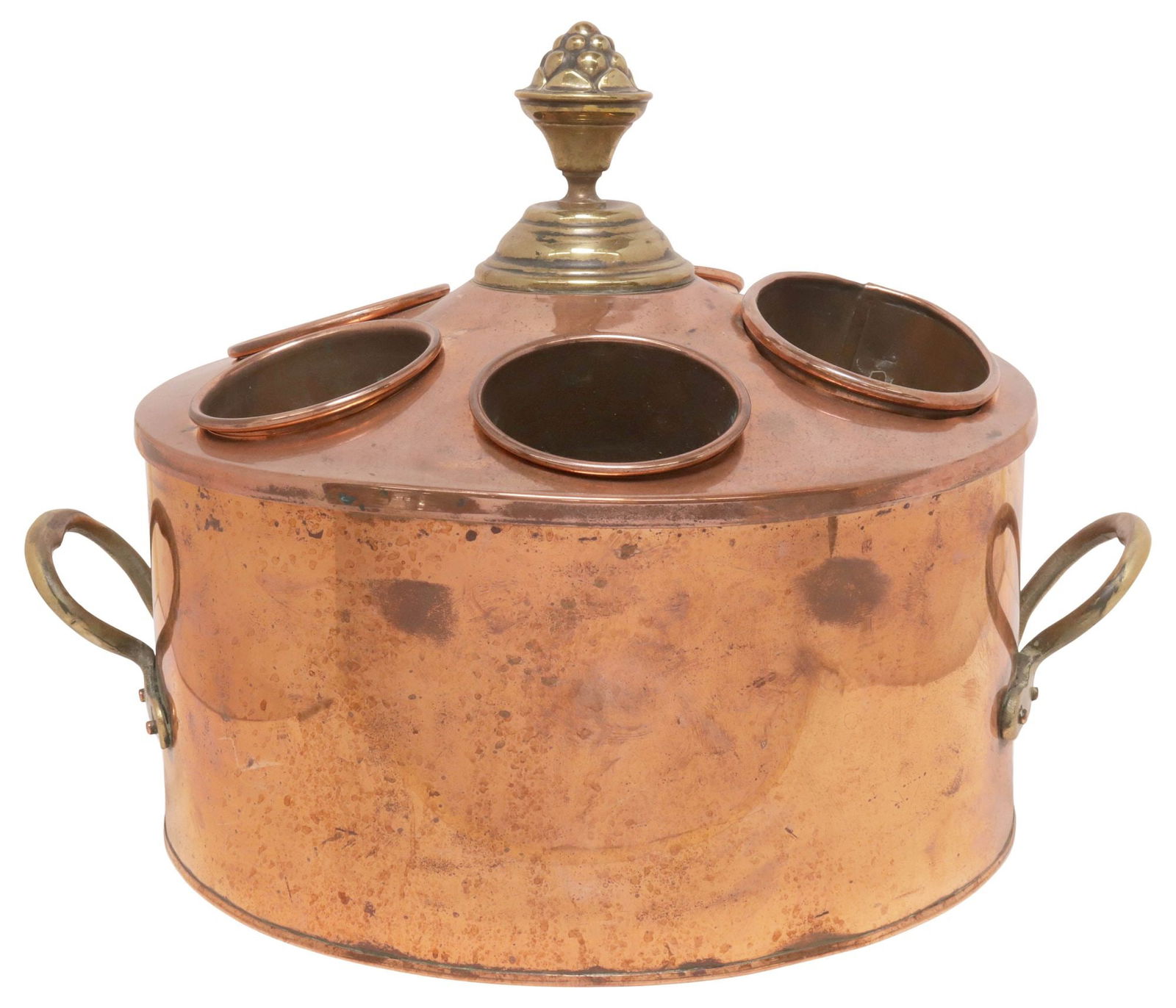 LARGE ENGLISH COPPER & BRASS 5-BOTTLE WINE / CHAMPAGNE COOLER: English copper and brass five-bottle wine/ champagne cooler, early 20th c., topped by foliate finial, having dual copper handles, pierced lid fitted with five bottle holders, over round ice box,