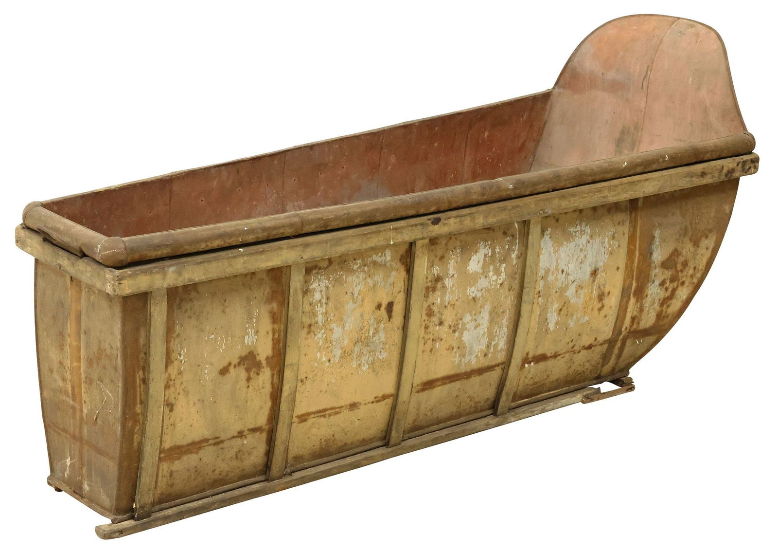 RUSTIC METAL & WOOD STAVE-BANDED COWBOY BATHTUB / TROUGH: Rustic metal and wood cowboy bathtub or trough, having liner with curved back support, in stave-banded wood frame, with top and bottom edge handles, approx 31"h, 66"w, 26"d