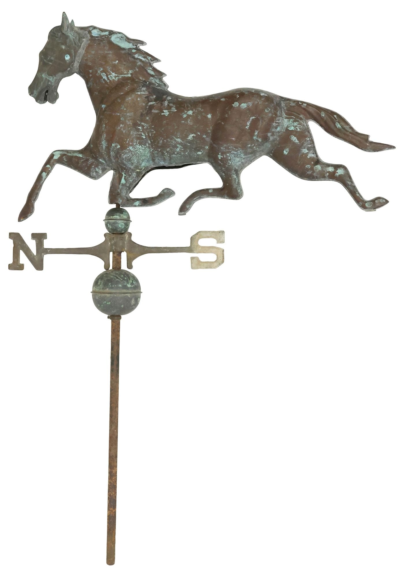 PATINATED COPPER GALLOPING HORSE WEATHERVANE: Patinated copper weathervane, in the form of a running horse, above north and south directionals, in two pieces, approx 45.5"h, 32"w, 4.5"d, 13lbs total **PLEASE NOTE: All of the cast stone and garden