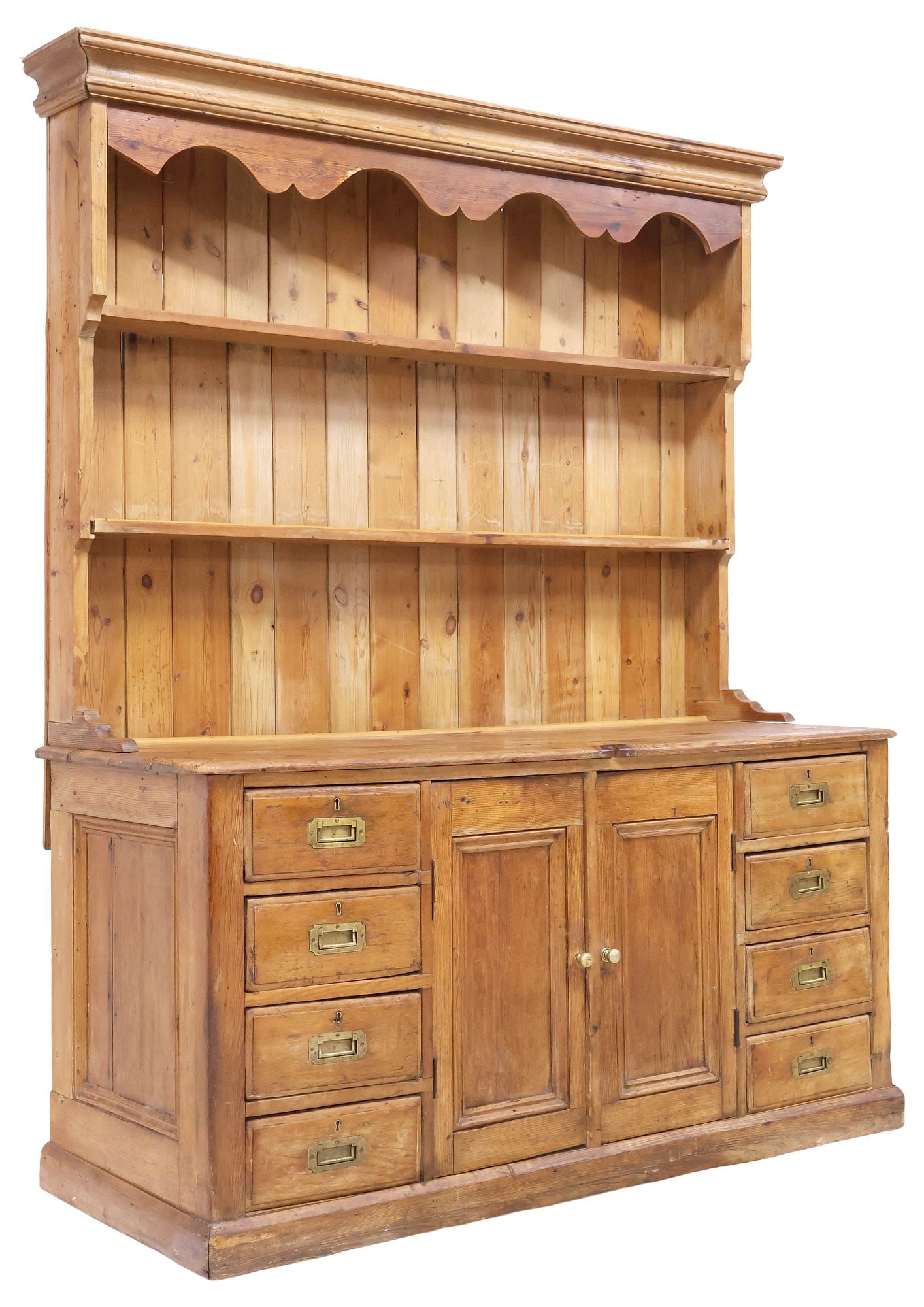 ENGLISH VICTORIAN PINE KITCHEN DRESSER & RACK: English Victorian pine kitchen dresser and rack, late 19th c., having molded cornice, over two plate racks, the rectangular base with dual cabinet doors, enclosing fixed-height shelf, flanked by four