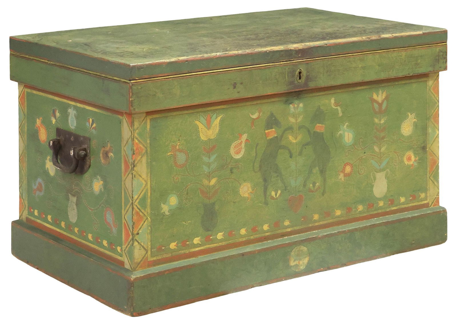 ENGLISH PAINT-DECORATED BLANKET CHEST, 19TH C.: English paint-decorated folk art blanket box/ storage chest, 19th c., in a later green scumble painted finish, hinged lid revealing open interior storage, front facade with a pair of flanked horses,