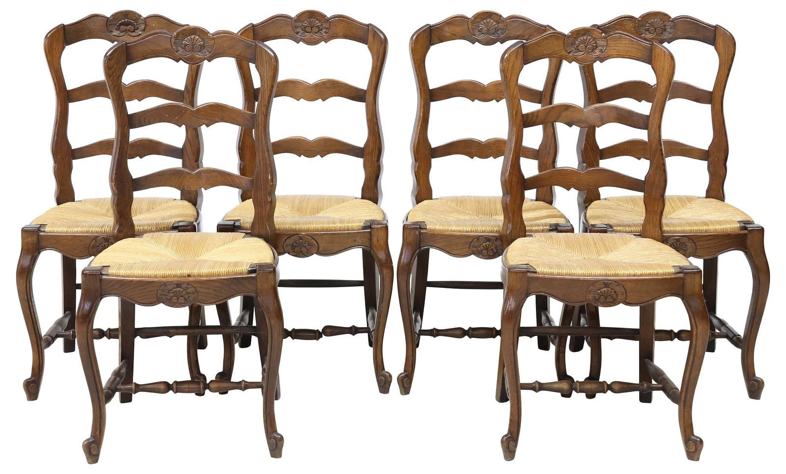 (6) FRENCH PROVINCIAL LOUIS XV STYLE RUSH-SEAT OAK DINING CHAIRS (1 of 3)
