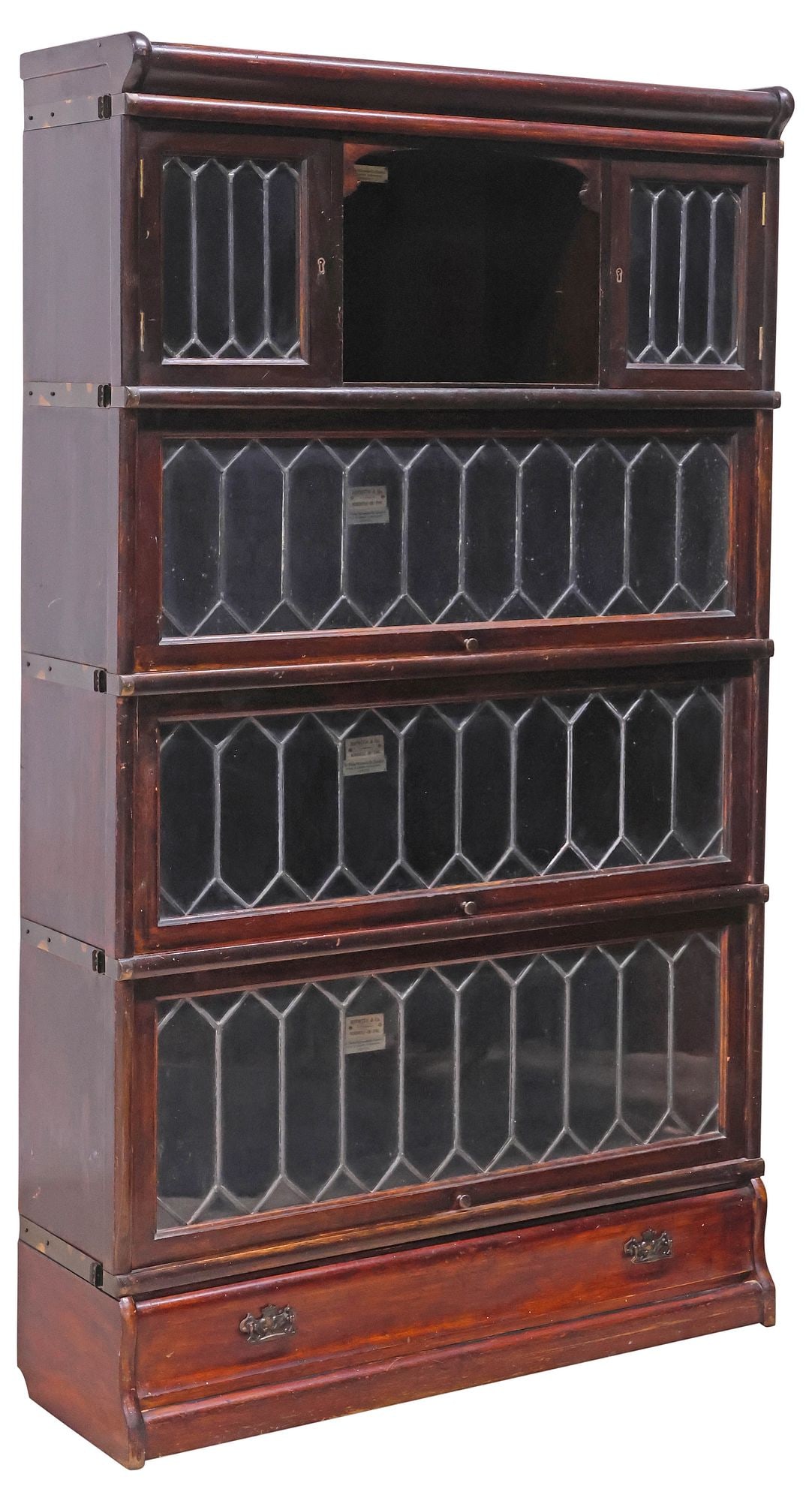 GLOBE-WERNICKE MAHOGANY & LEADED GLASS 4-STACK BARRISTER BOOKCASE (1 of 7)