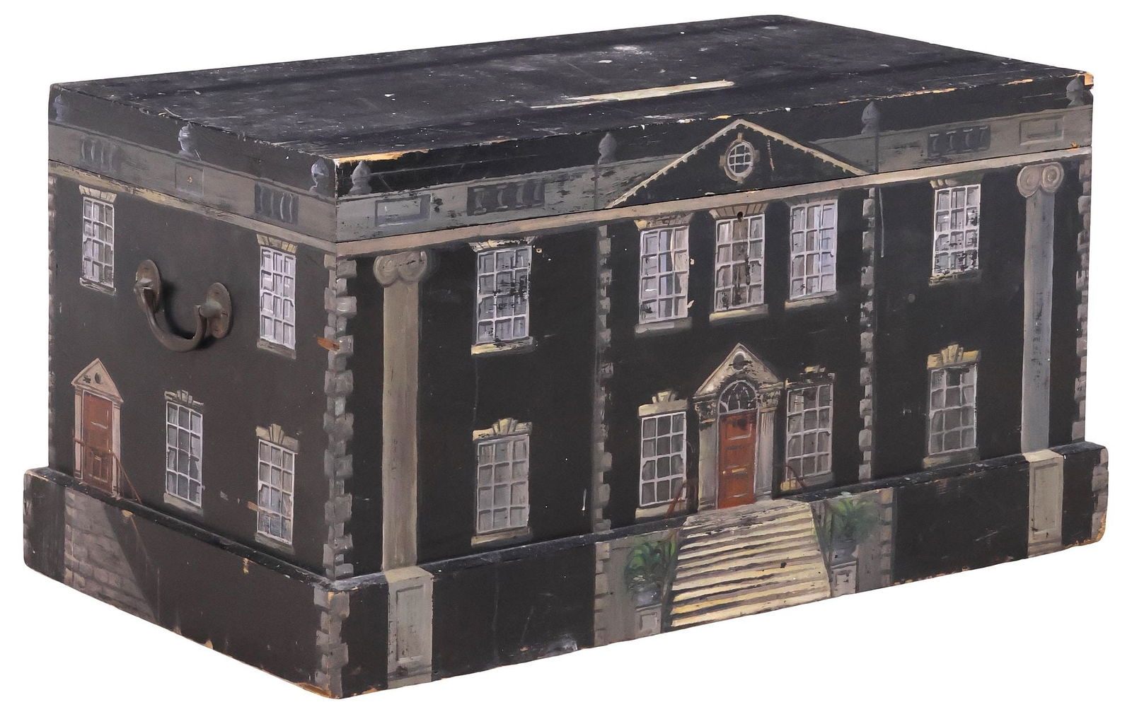 ENGLISH PAINT-DECORATED HOUSE FACADE BLANKET BOX / STORAGE CHEST: English paint-decorated blanket chest/ storage trunk, 19th c., in a worn black painted finish, the exterior later painted as a Georgian country house facade, hinged lid revealing open interior storage