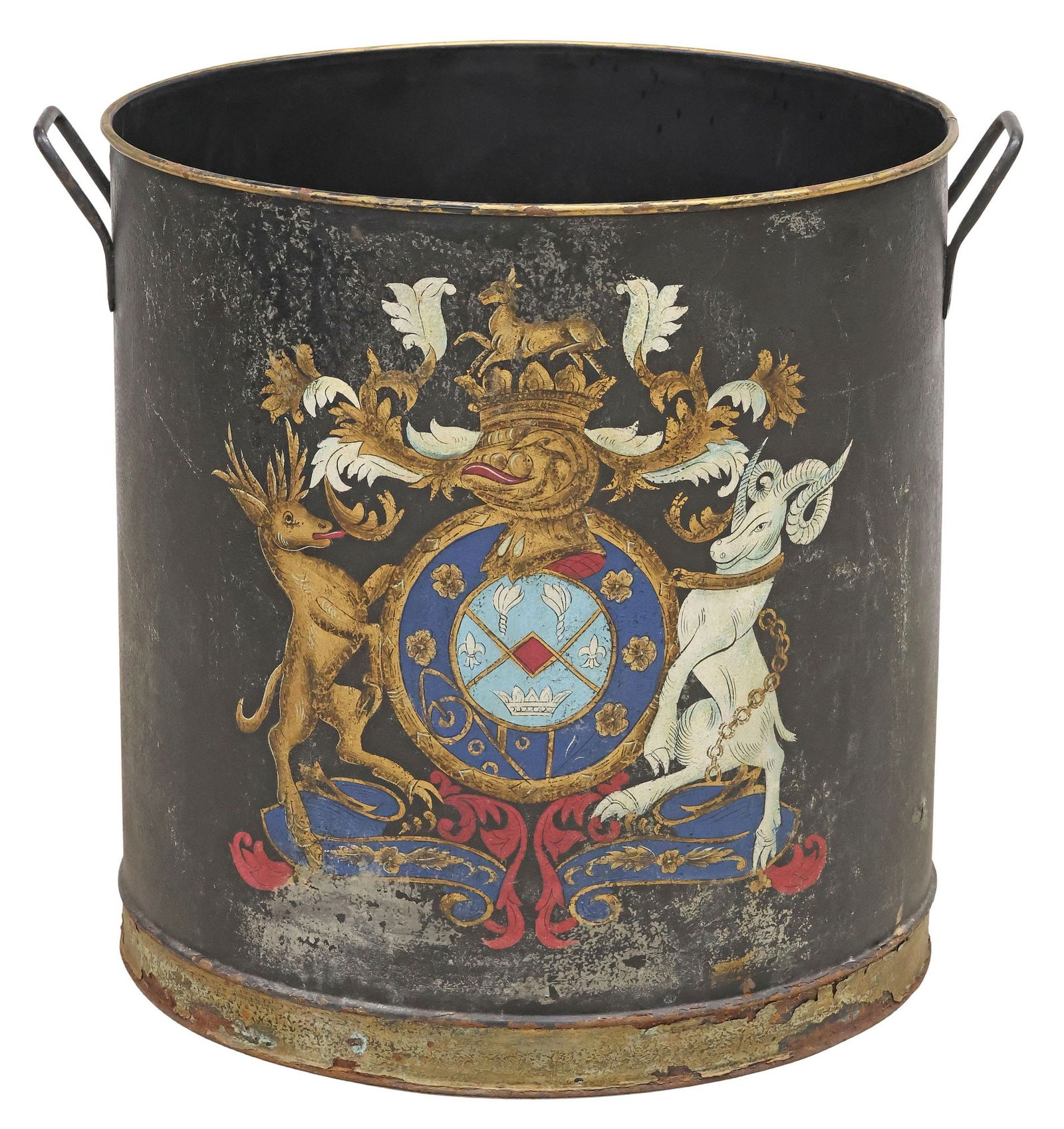 LARGE ENGLISH PAINT-DECORATED ARMORIAL METAL LOG BUCKET / BIN (1 of 4)