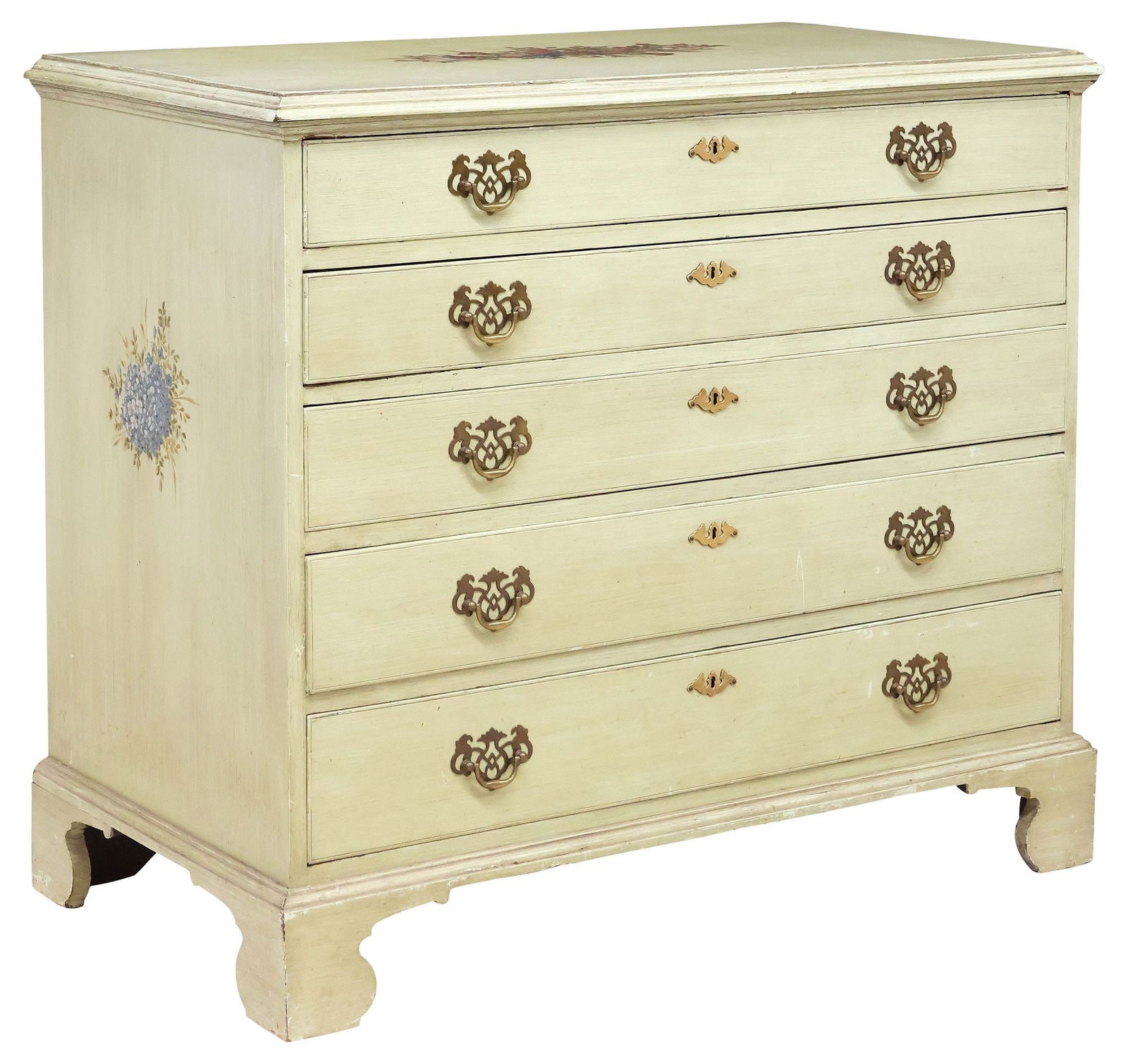 ENGLISH GEORGIAN STYLE FLORAL GREEN-PAINTED CHEST OF DRAWERS: English Georgian style paint-decorated wood chest of drawers, early 20th c., in an intentionally distressed light green later painted finish, molded-edge top and sides with painted floral spray, fitte