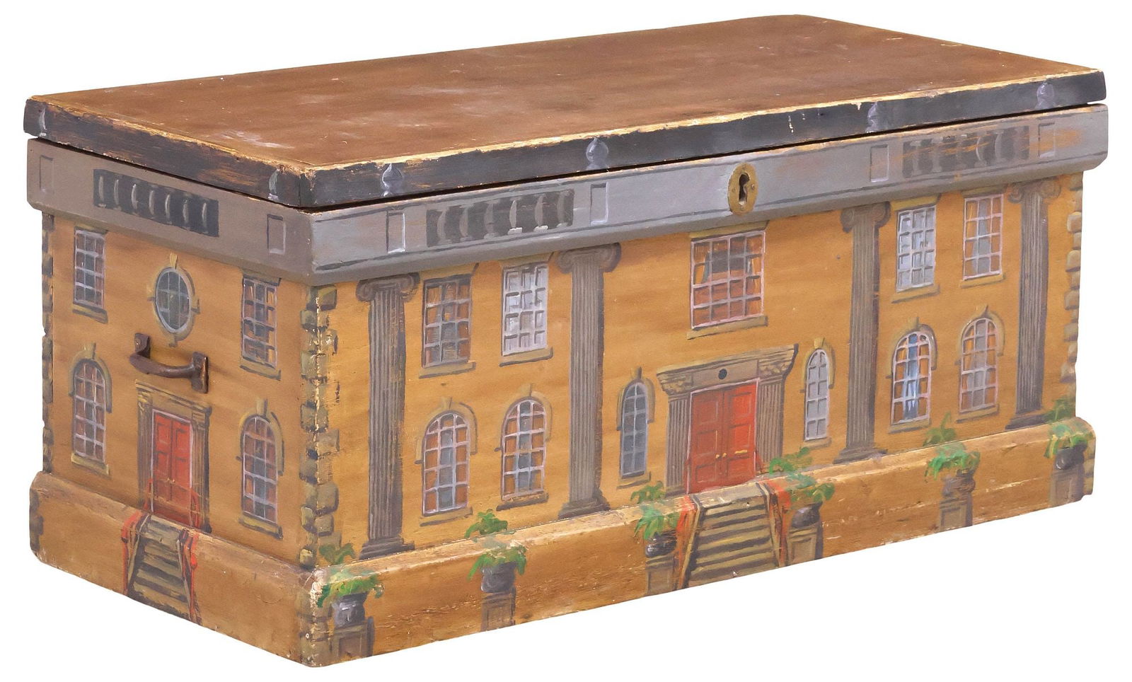 ENGLISH PAINT-DECORATED HOUSE FACADE BLANKET CHEST: English paint-decorated blanket chest/ storage trunk, 19th c., the exterior later painted as a Georgian style house facade, hinged lid revealing open interior storage, sides equipped with iron handles