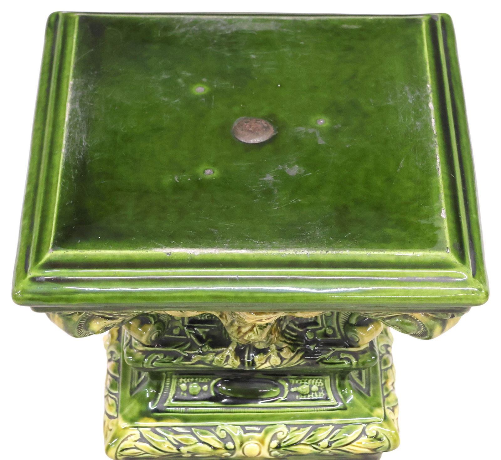 ENGLISH GREEN GLAZED MAJOLICA DISPLAY PEDESTAL / PLANT STAND - 3