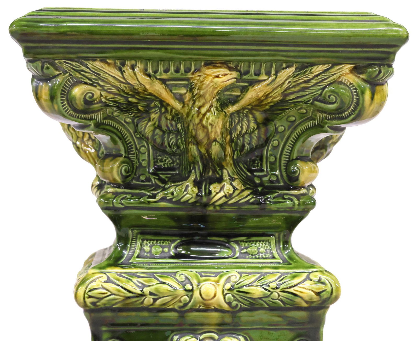ENGLISH GREEN GLAZED MAJOLICA DISPLAY PEDESTAL / PLANT STAND - 4