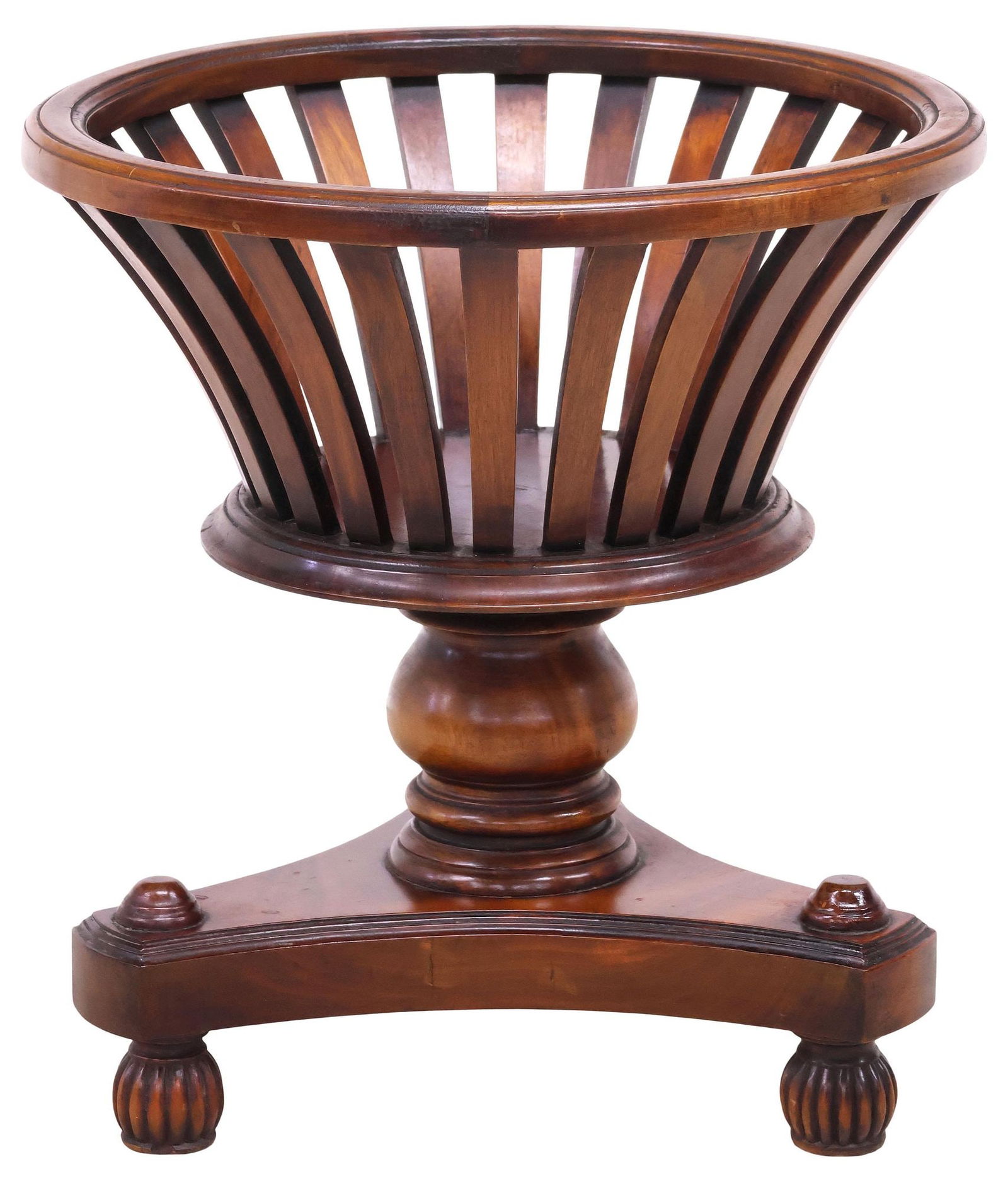 ENGLISH REGENCY STYLE SLATTED MAHOGANY PLANTER: English Regency style mahogany planter, early 20th c., having a round slatted basin, rising on a turned standard, tripartite base, ending on fluted bun feet, approx 20.25"h, 19"w, 17"d
