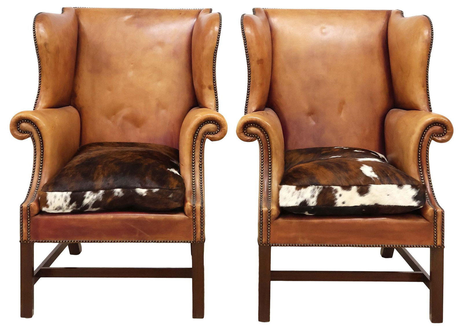(2) ENGLISH LEATHER & COWHIDE UPHOLSTERED WINGBACK ARMCHAIRS - 2