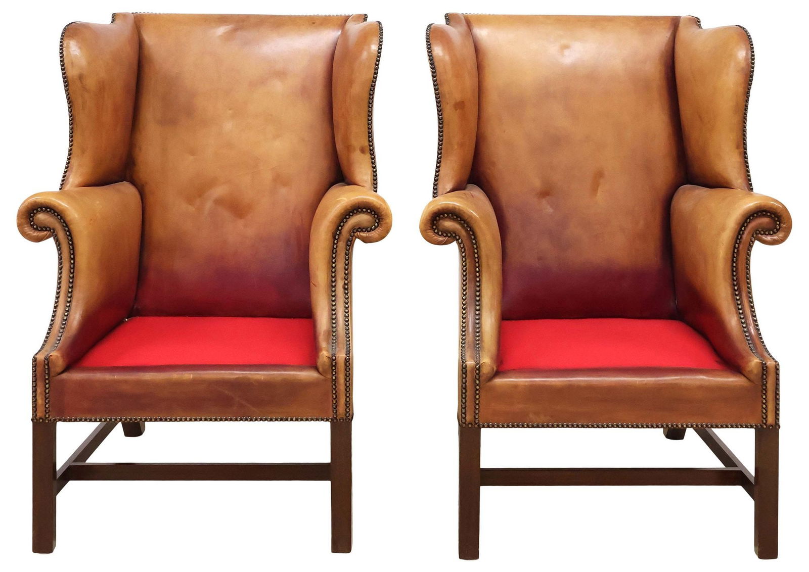 (2) ENGLISH LEATHER & COWHIDE UPHOLSTERED WINGBACK ARMCHAIRS - 4