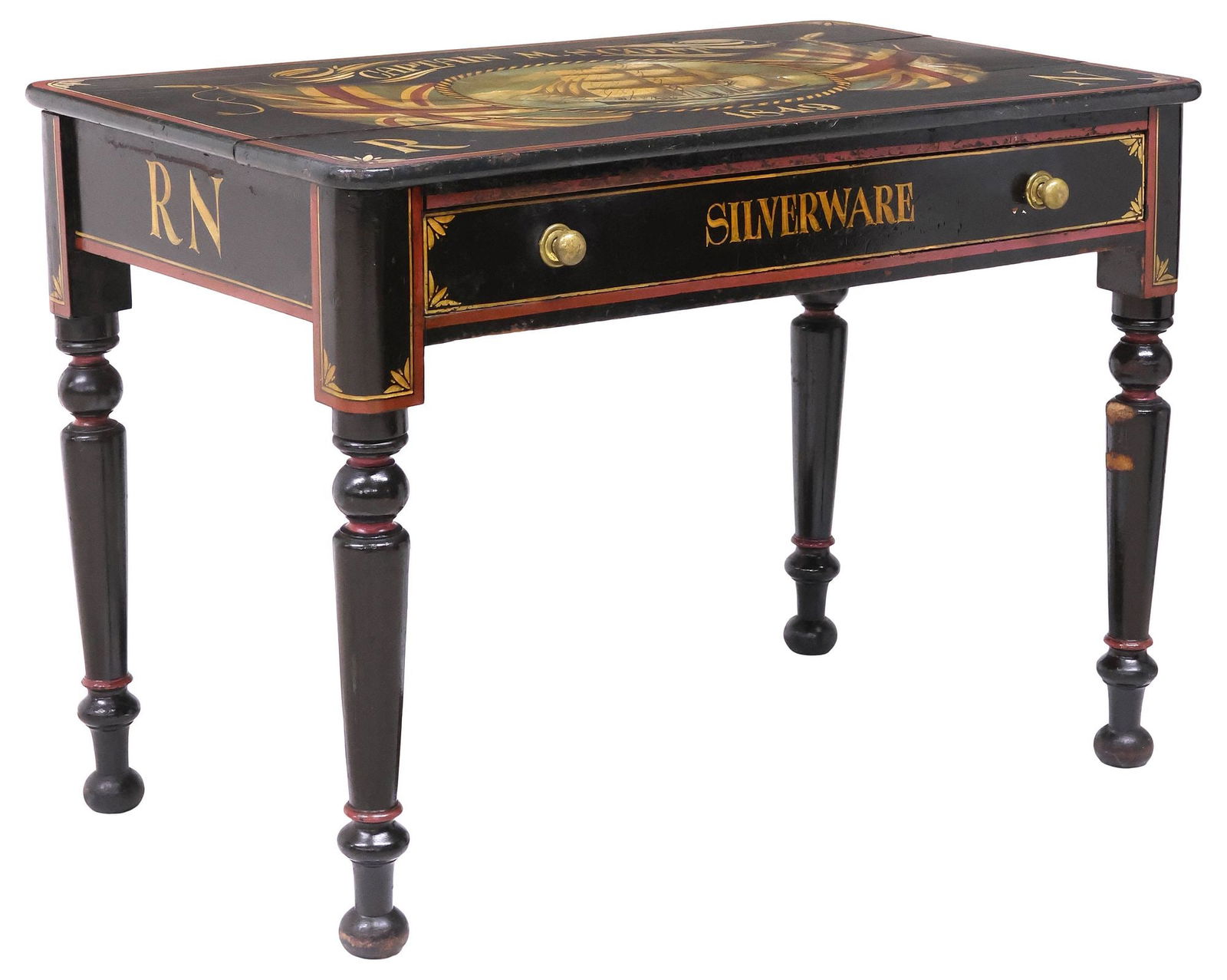 ENGLISH PAINTED KITCHEN TABLE WITH BRITISH NAVAL SHIP: English paint-decorated wood kitchen table, 19th c., in a later painted finish, with stenciled decoration of a sailing naval ship with Union Jack flags, inscribed Captain M. Scott, the apron fitted wi