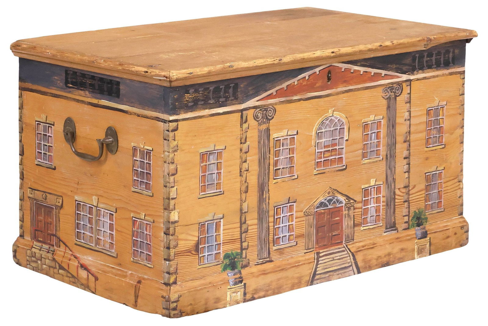 ENGLISH PAINT-DECORATED HOUSE FACADE BLANKET CHEST / STORAGE TRUNK: English paint-decorated pine box, 19th c., the exterior later painted as a Georgian style house facade, having hinged lid revealing open interior storage, equipped with dual metal side handles, approx