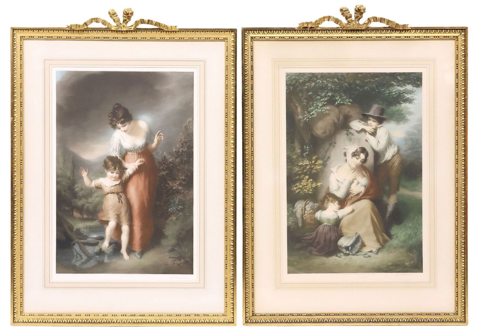 (2) L. BUSIERE (D.1960) SIGNED PRINTS, MOTHERS WITH CHILDREN, GILTWOOD FRAMES: (pair) Framed color mezzotints on paper, each signed in pencil lower right L. Busiere (Louis Busiere, 1880-1960), giltwood frames, each with ribboned crest, verso retaining publisher/ printmaker's