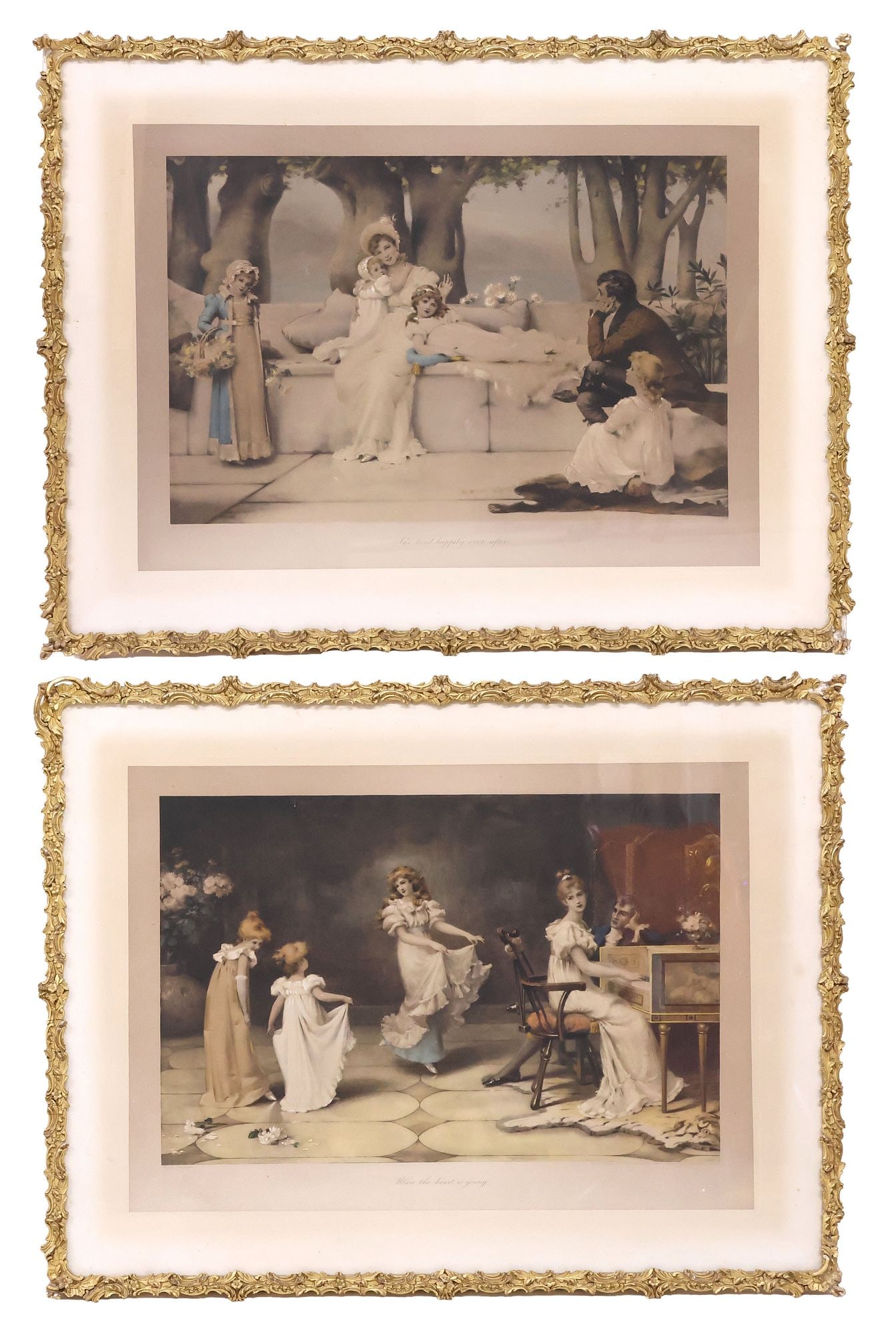 (2) AFTER MAUDE GOODMAN (D.1938) PHOTOGRAVURE PRINTS, YOUNG COUPLES: (lot of 2) Framed color photogravure prints on paper, signed and marked in the plate after the original paintings by M. Goodman (Maude Goodman, English, 1853-1938), including: (1) "When the heart is y