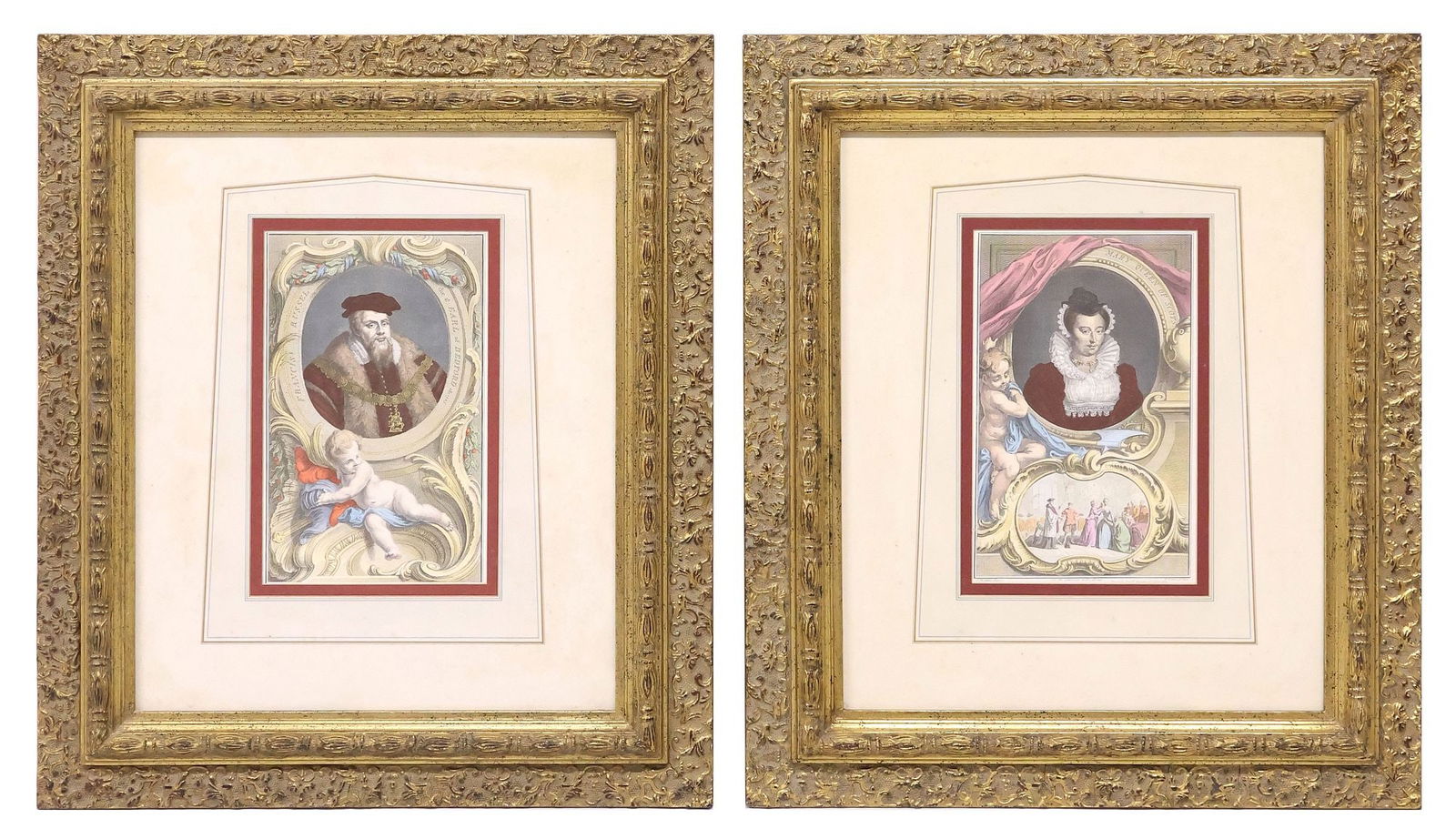 (2) HAND-COLORED PORTRAIT ENGRAVINGS, MARY QUEEN OF SCOTS & EARL OF BEDFORD: (pair) Framed hand-colored line engravings on paper, after Jacob Houbraken (Dutch, 1698-1780), after the originals by Isaac Oliver (British, c.1565-1617), from the publication "The Heads of Illustriou