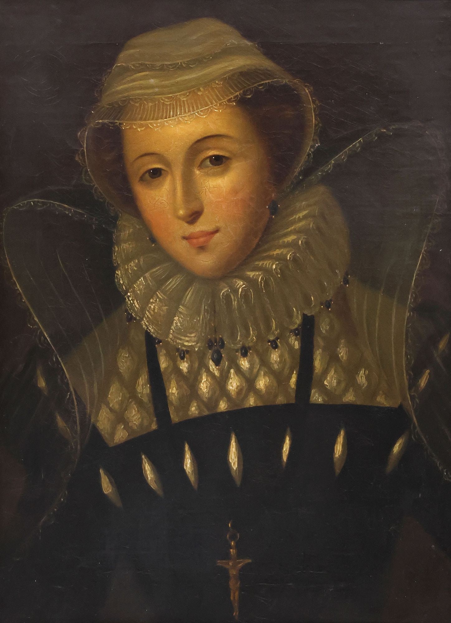 AFTER NICHOLAS HILLIARD (D.1619) PAINTING, PORTRAIT OF MARY, QUEEN OF SCOTS: Framed oil on canvas painting, Portrait of Mary, Queen of Scotts, after Nicholas Hilliard (English, c.1547-1619), apparently unsigned, overall craquelure, loss to frame at each corner, sight: approx 2