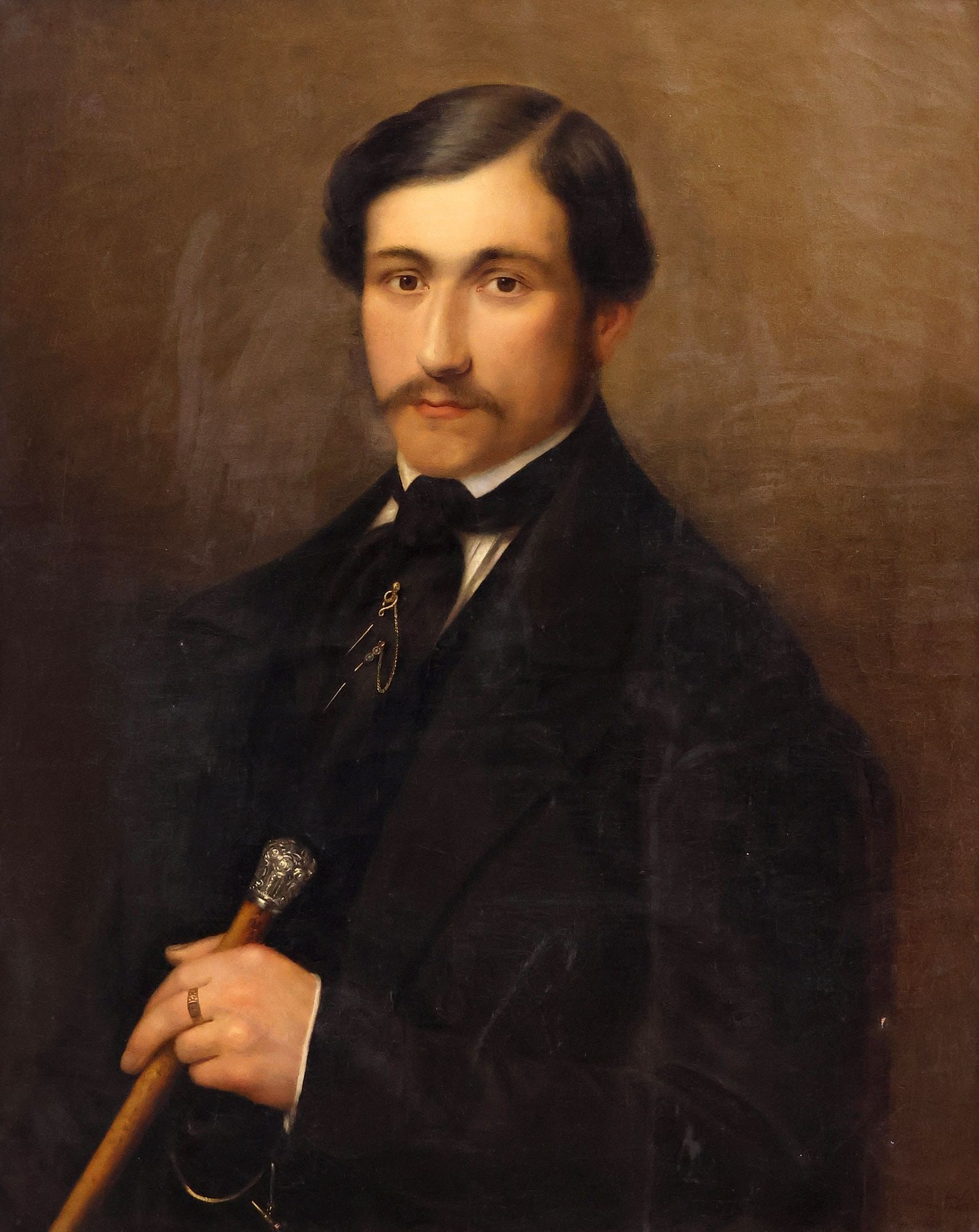 SIGNED ITALIAN SCHOOL (19TH C.) PAINTING, PORTRAIT OF A GENTLEMAN: Framed Italian School oil on canvas painting, Portrait of a Gentleman, signed illegibly lower right, dated 1860s?, retaining Bassegna Nazionale di Arti Figurative gallery label on back stretcher, gall