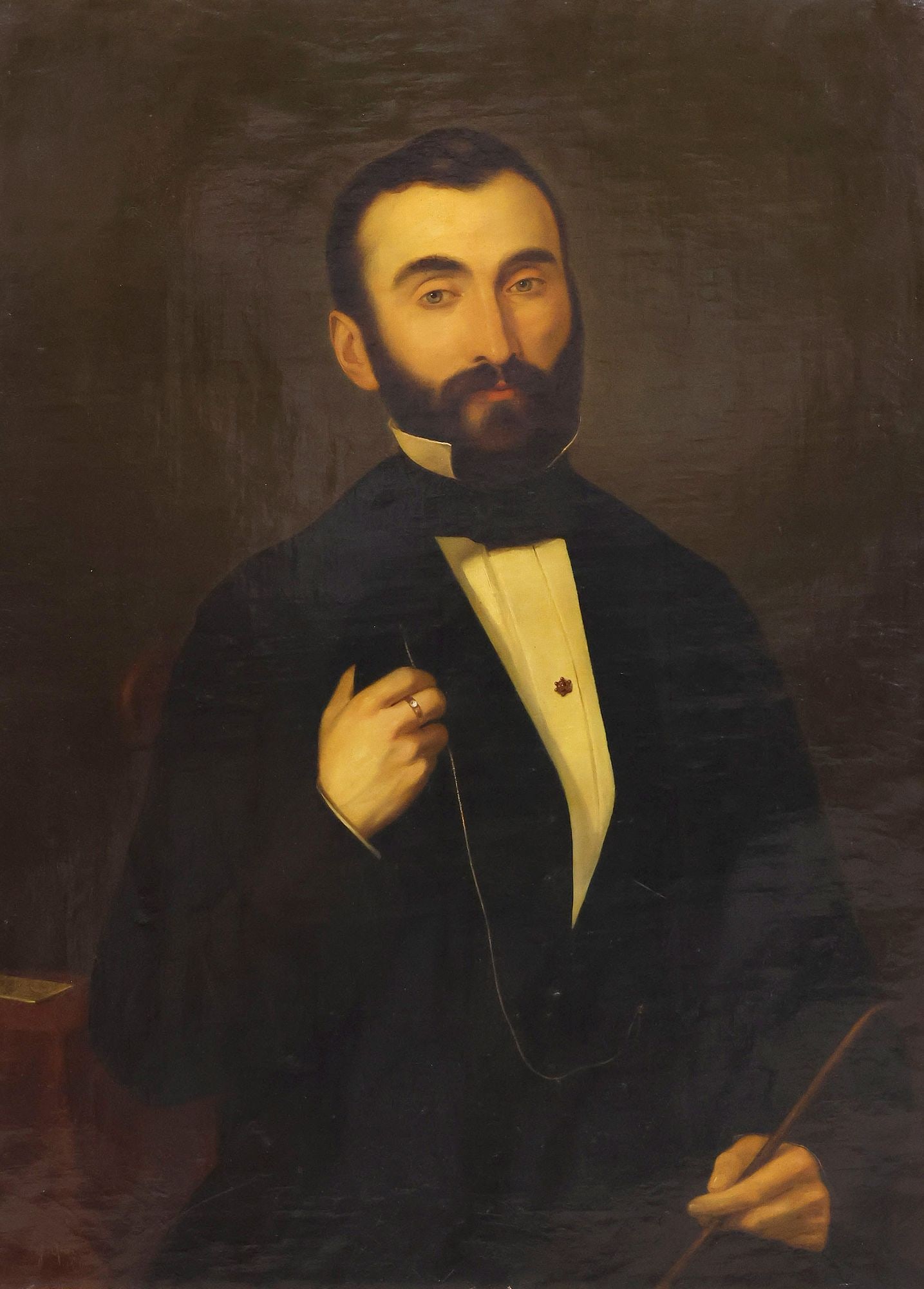 SIGNED ITALIAN SCHOOL (19TH C.) OIL PAINTING, PORTRAIT OF A GENTLEMAN: Framed Italian School oil on canvas painting, Portrait of a Gentleman, signed lower left G. Quinola?, dated 1854, canvas relined, sight: approx 36"h, 25.75"w, overall: approx 44"h, 34"w, 22lbs