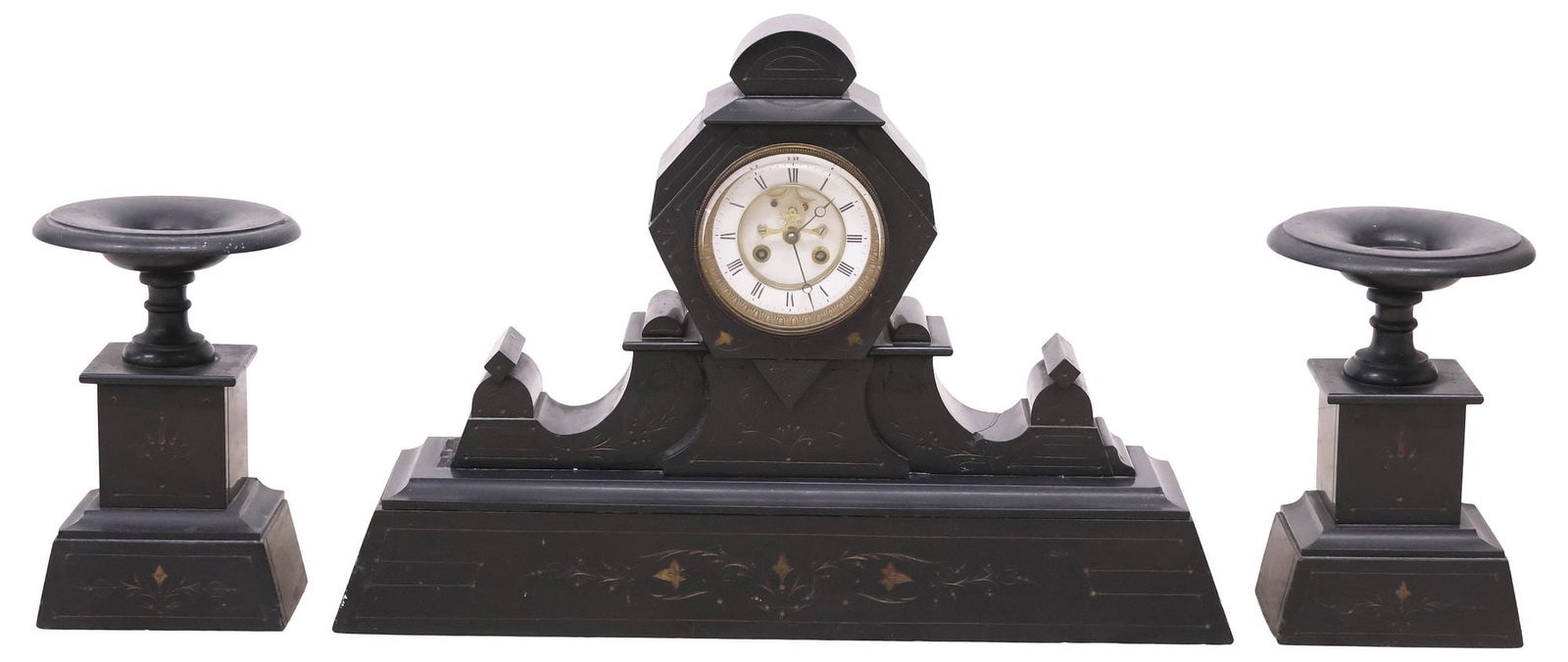 (3) LARGE FRENCH NAPOLEON III SLATE MANTEL CLOCK & TAZZA GARNITURE SET (1 of 7)