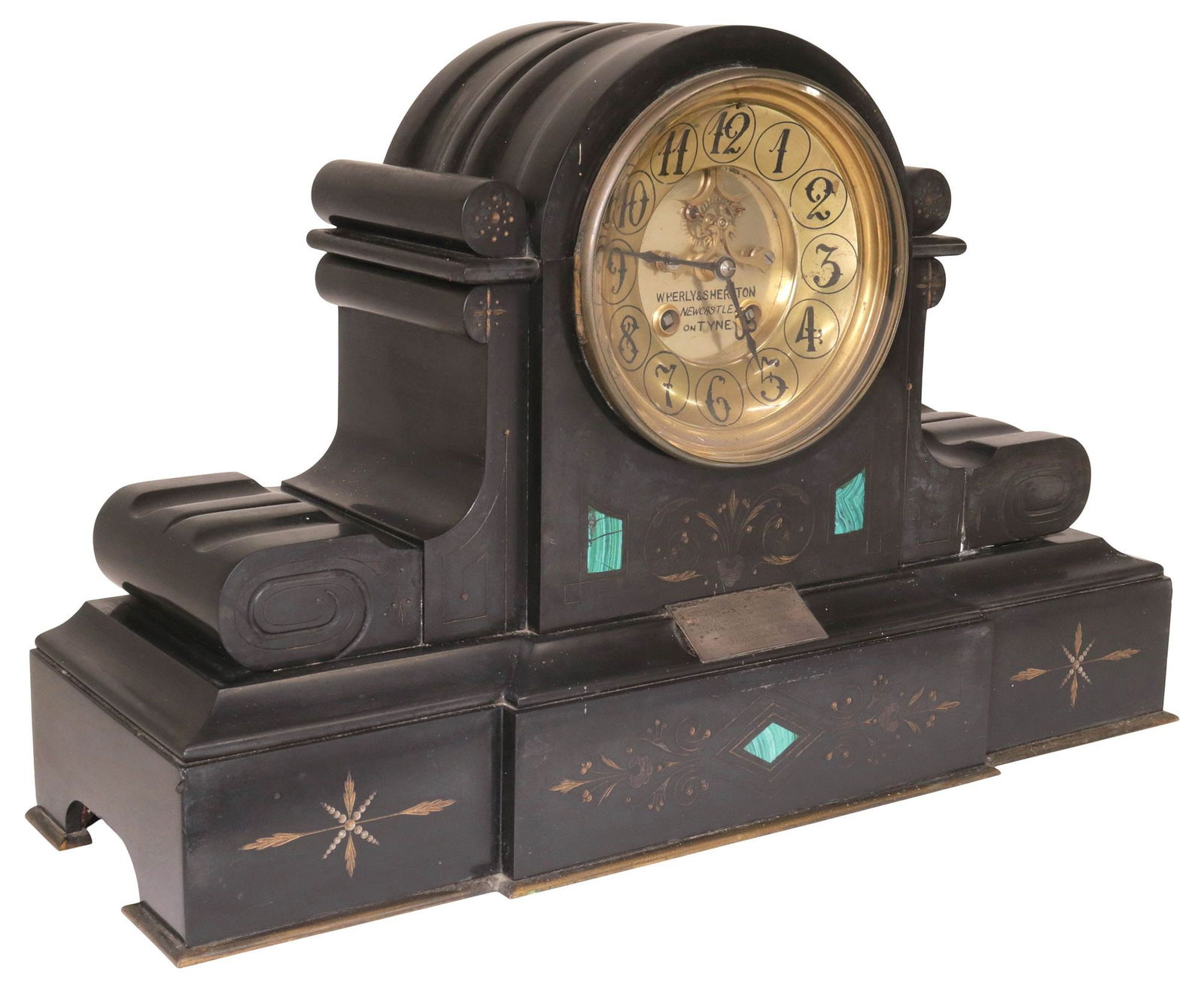 LARGE VICTORIAN MALACHITE-INLAID SLATE DRUMHEAD MANTEL CLOCK (1 of 7)
