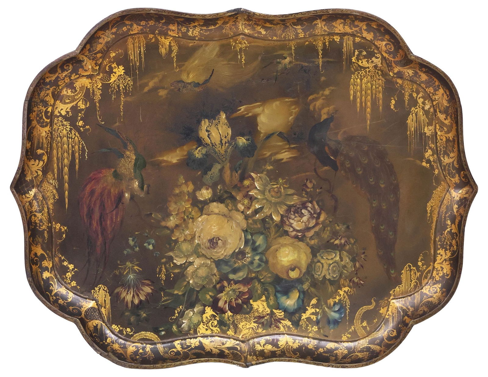 LARGE ENGLISH VICTORIAN PARCEL-GILT & PAINTED PAPIER-MACHE TRAY, 32"L: Large English Victorian paint-decorated and lacquered papier-mache tray, 19th c., central floral spray, framed by peacock and other birds of paradise, with gilt-painted accents, approx 32"l, 24.75"w,