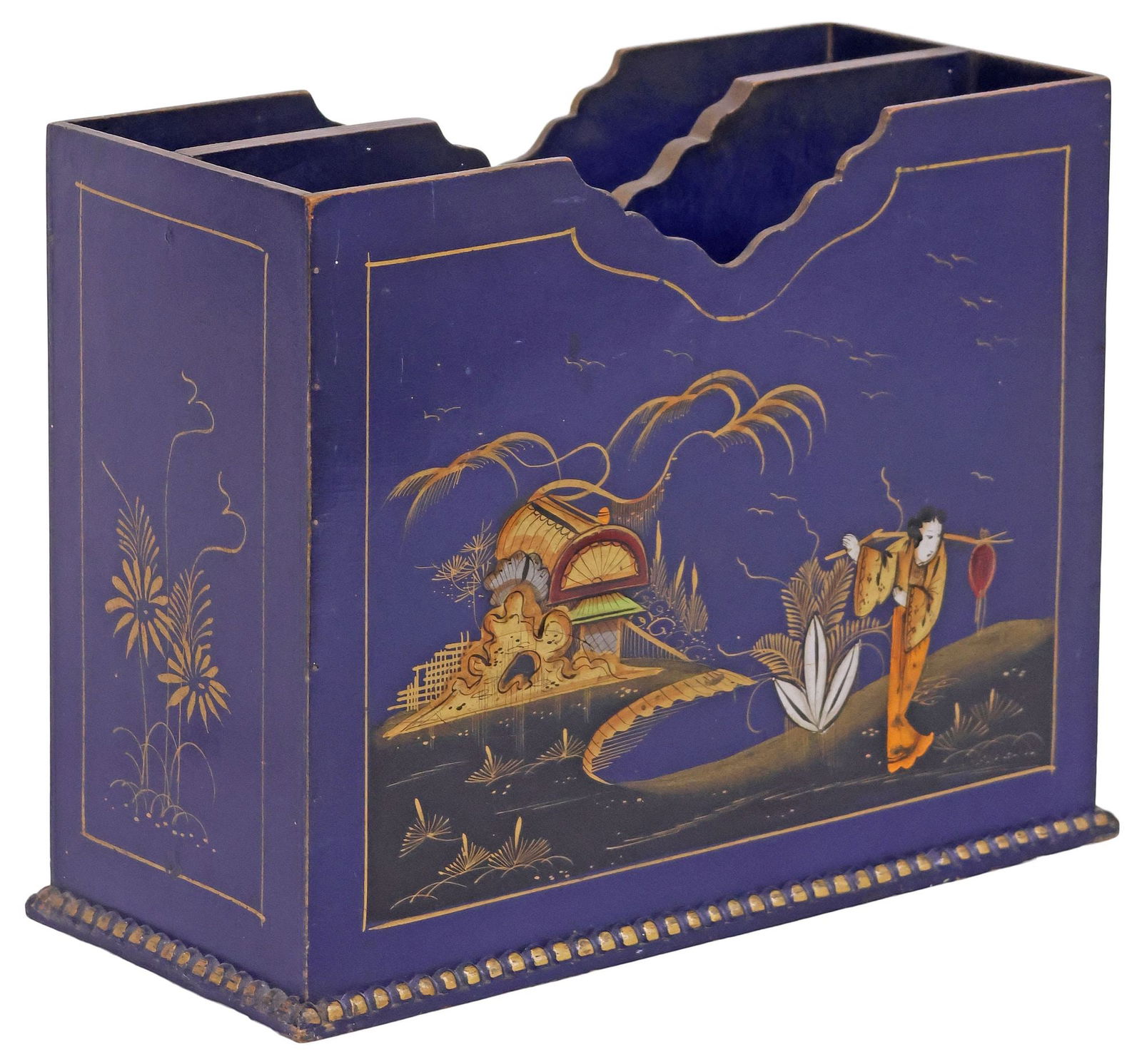 CHINOISERIE PARCEL-GILT BLUE LACQUER MAGAZINE RACK: Chinoiserie blue-lacquered magazine rack, having sectioned interior, front and rear displaying figural pagoda motifs, sides having parcel-gilt foliates, approx 9 3/8"h, 11.5"w, 5.25"d, 2.5lbs