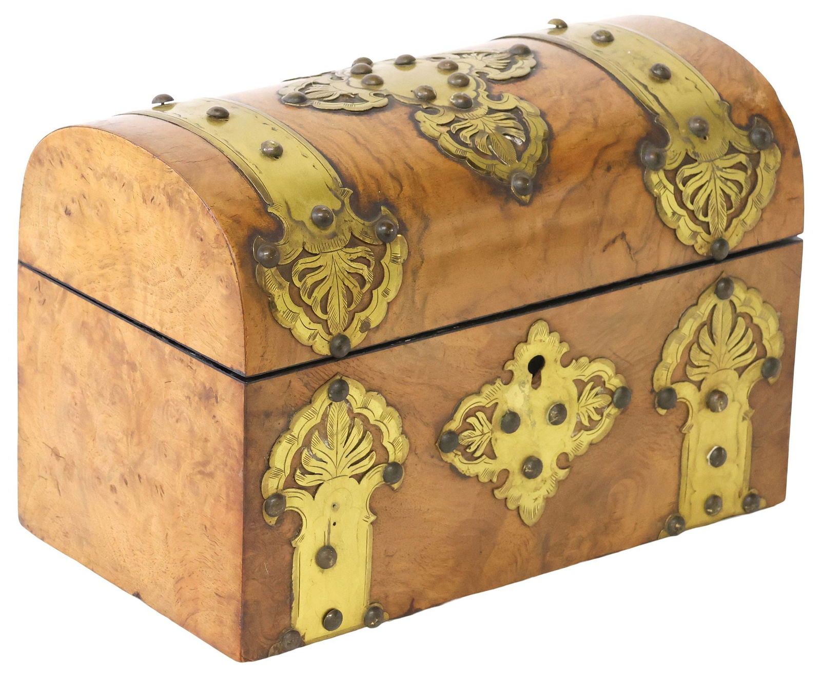 ENGLISH VICTORIAN BRASS-MOUNTED BURLED WALNUT TEA CADDY (1 of 6)