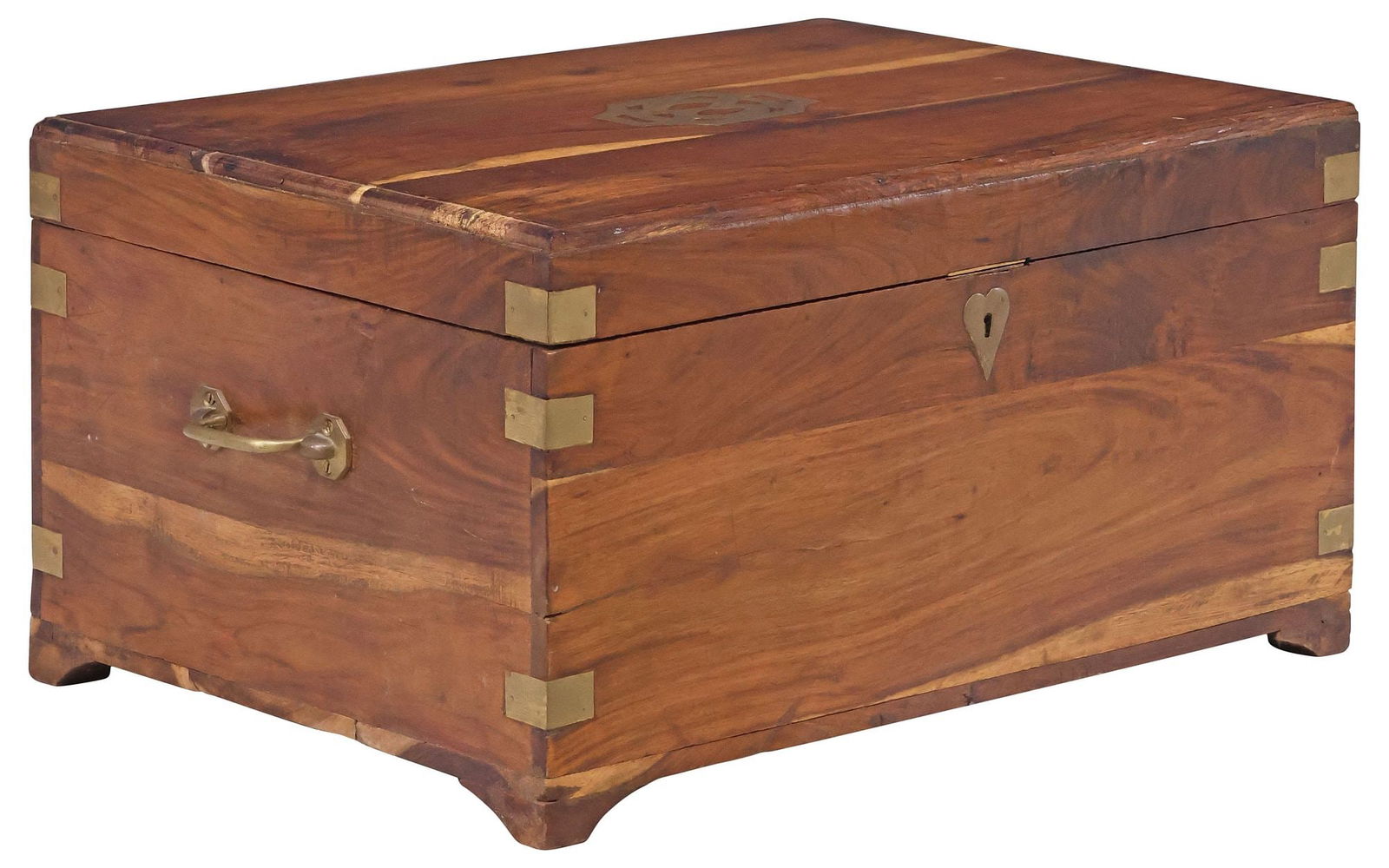 LARGE BRITISH COLONIAL BRASS-BOUND WORK BOX: British Colonial brass-bound work box, early 20th c., lid having central pierced medallion, open interior, heart-form escutcheon, flanked by dual side handles, approx 10.5"h, 20"w, 15"d, 14.25lbs
