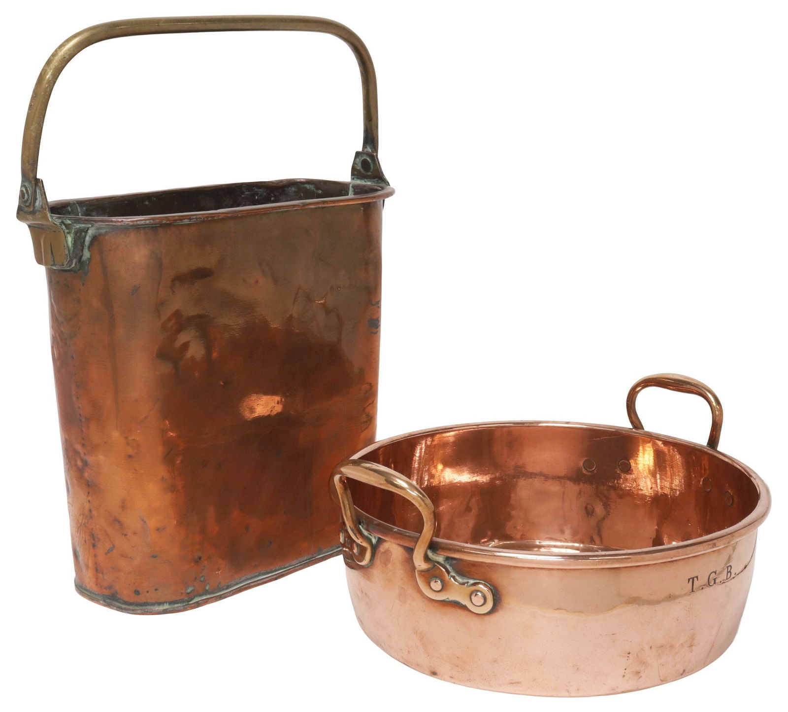(2) ENGLISH COPPER HANDLED PAIL & JAM PAN: (lot of 2) English copper items, late 19th c., including: (1) pail, with brass handle, approx 13"h, 13.5"w, 8"d, (1) jam pan, dual side handles, monogram stamp T.G.B., on side, approx 6 3/8"h, 14"w,