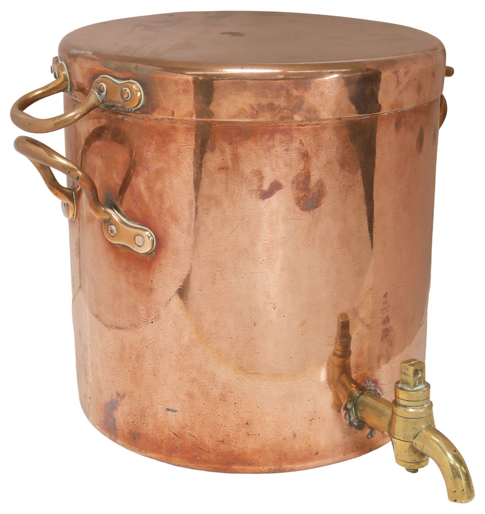 LARGE ENGLISH COPPER & BRASS LIDDED HOT WATER URN/ DISPENSER: Large English brass and copper hot water urn/ dispenser, having round lid, cylindrical body with dual side handles, brass spigot, stamped mark with jelly mold underside, approx 12.75"h, 15"w, 16
