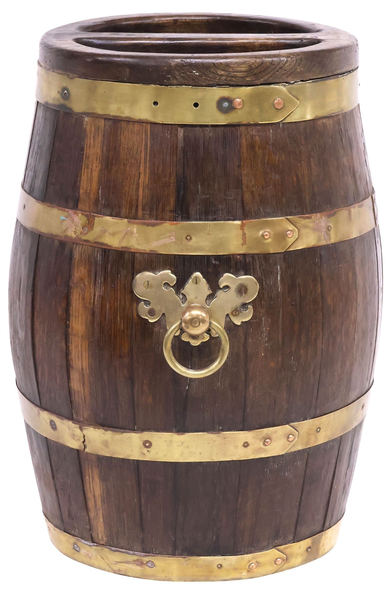 ENGLISH OAK COOPERED STAVE BARREL-FORM UMBRELLA STAND: English brass-bound stave oak barrel or umbrella/ stick stand, late19th c., having divided bar at top, over brass bands, protruding ring handle, approx 20"h, 13.5"w, 14.5"d, 14.75lbs